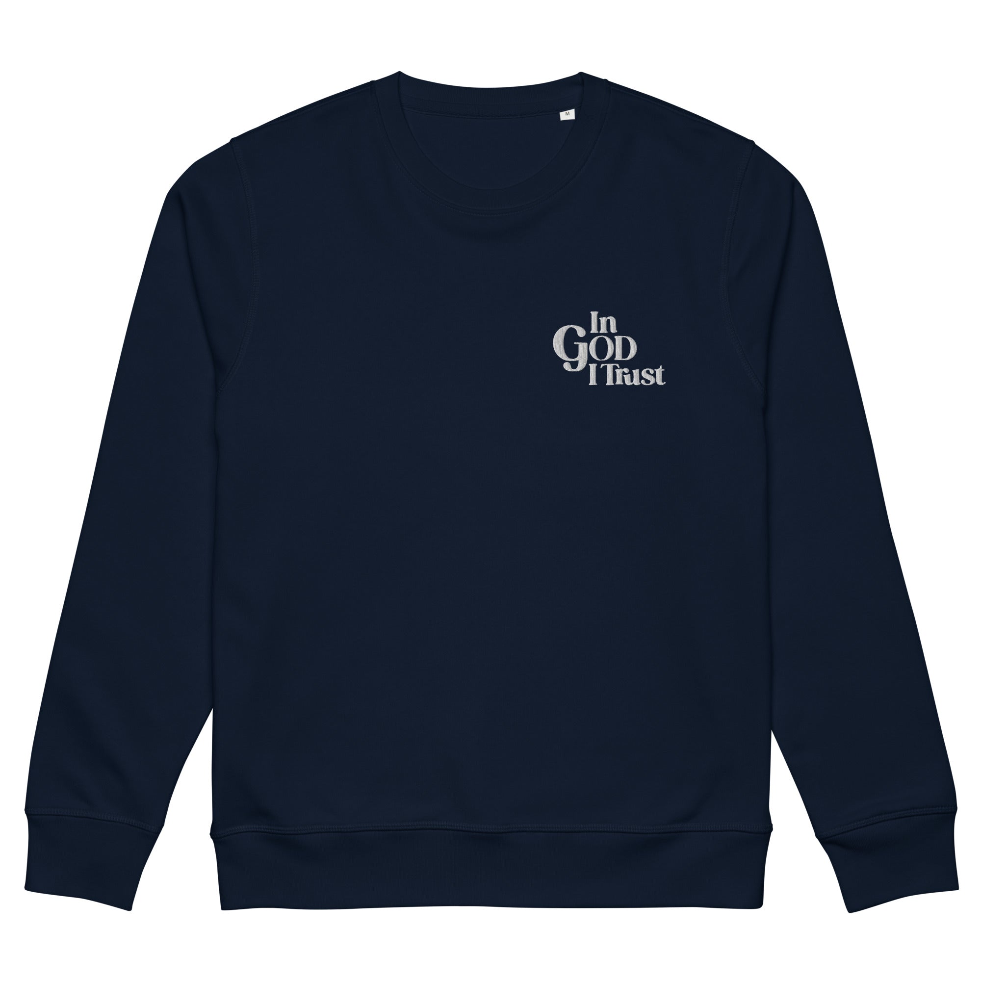 Image of French Navy crewneck sweatshirt, front view, small light grey In GOD I Trust embroidered on the left chest