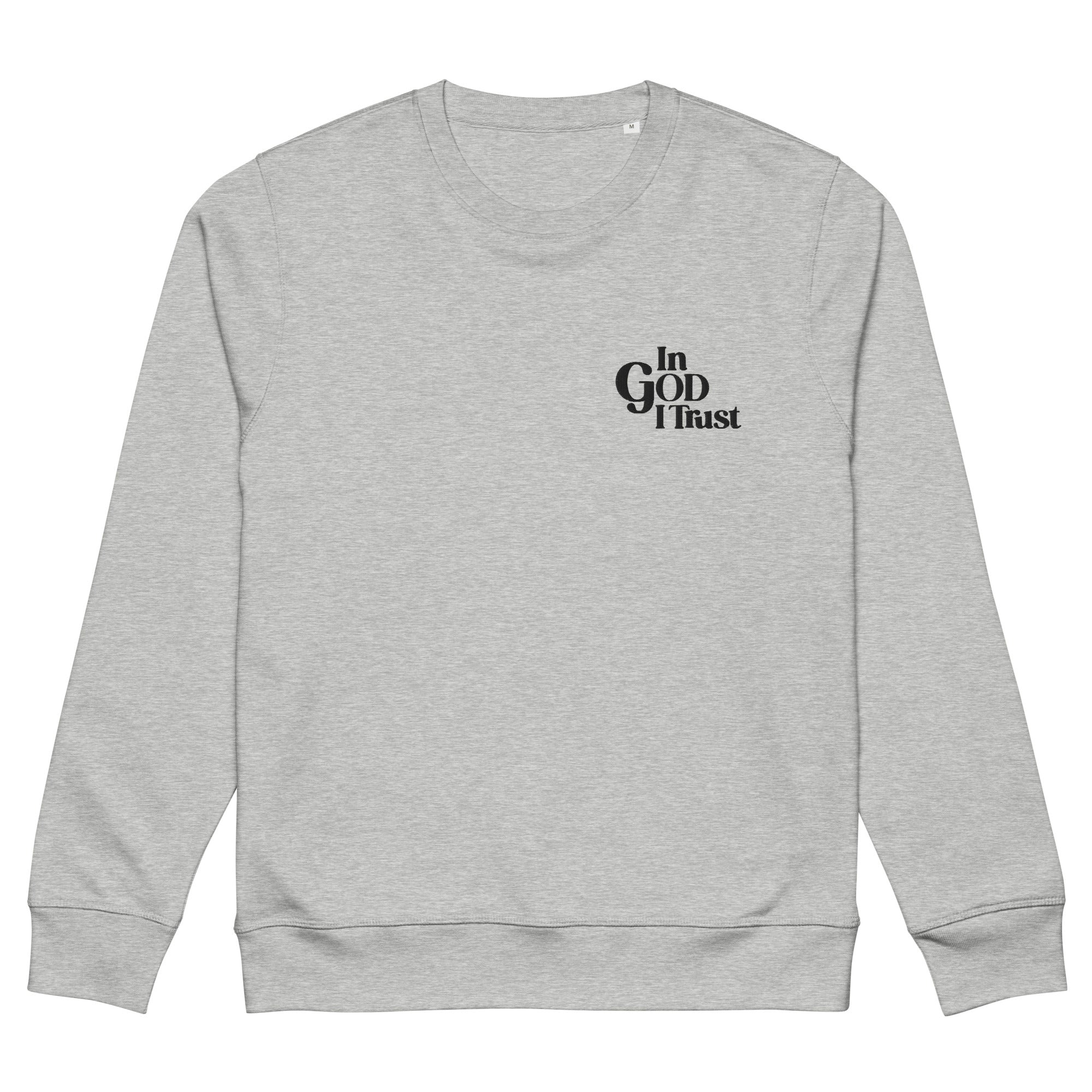 Image of Heather Grey crewneck sweatshirt, front view, small black In GOD I Trust embroidered on the left chest