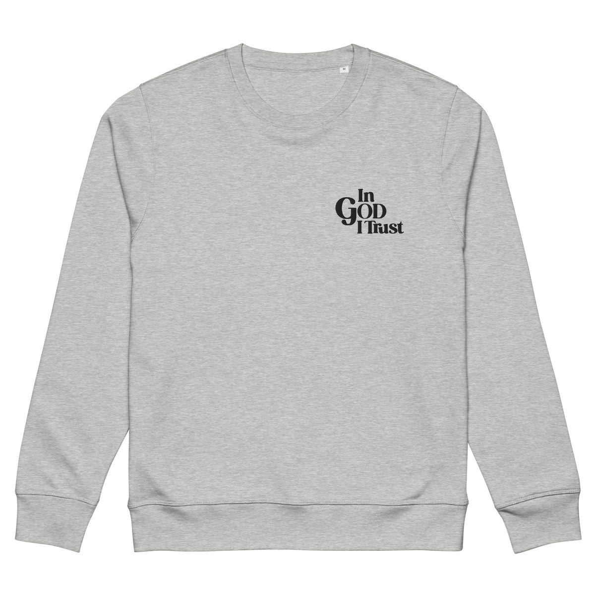 Heather Grey crewneck sweatshirt, front view, small black In GOD I Trust embroidered on the left chest