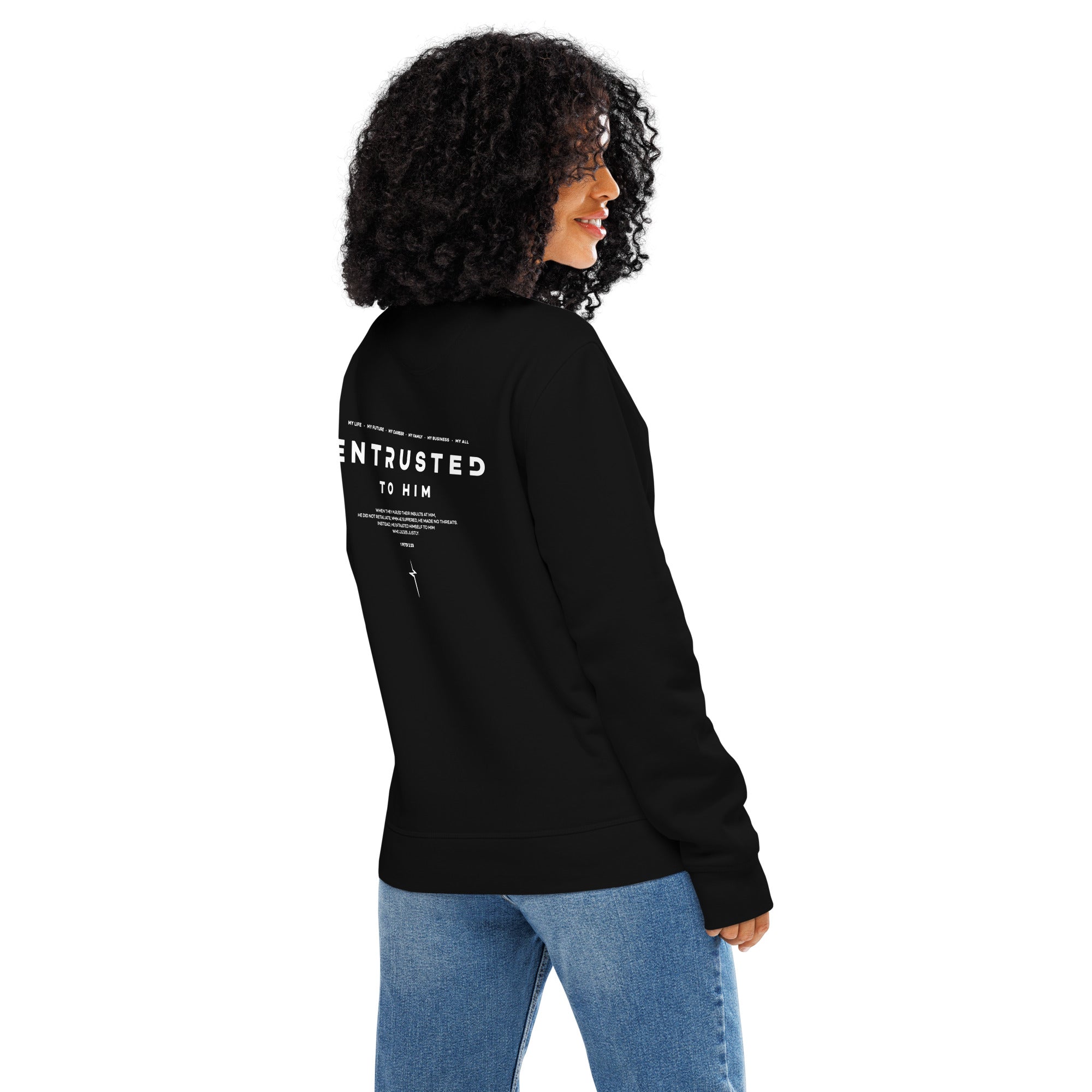 Image of Entrusted organic Christian sweatshirt black back alternate view — Entrusted to Him