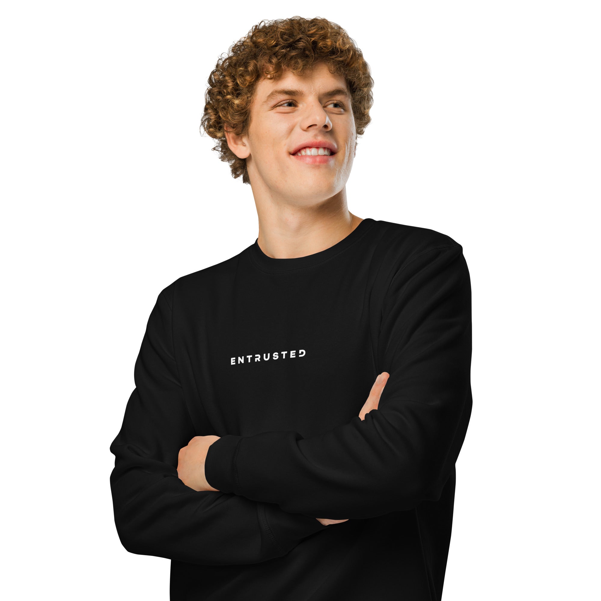 Image of Entrusted bible verse sweatshirt black front lifestyle view — Entrusted to Him