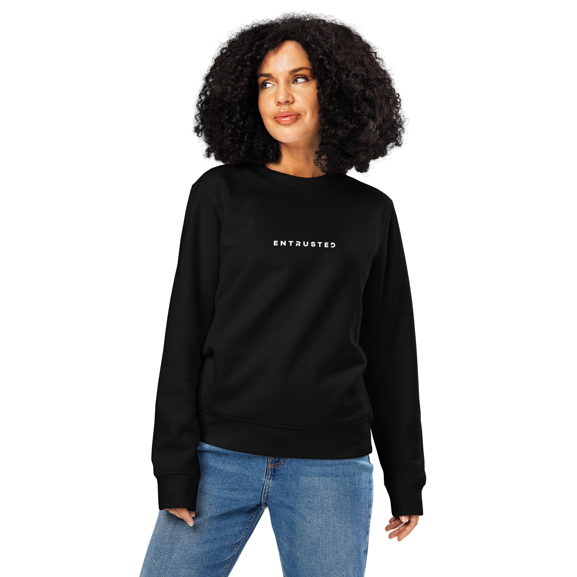 Image of Entrusted Christian sweatshirt black front alternate lifestyle — Entrusted to Him
