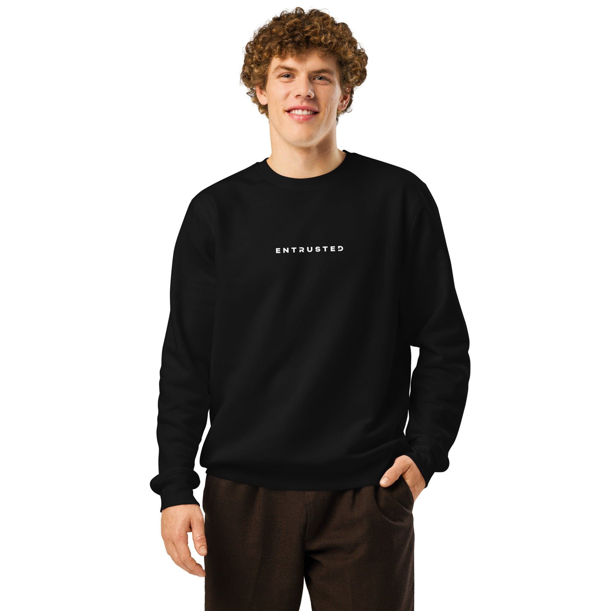 Image of Entrusted Christian sweatshirt black front close-up — Entrusted to Him faith apparel