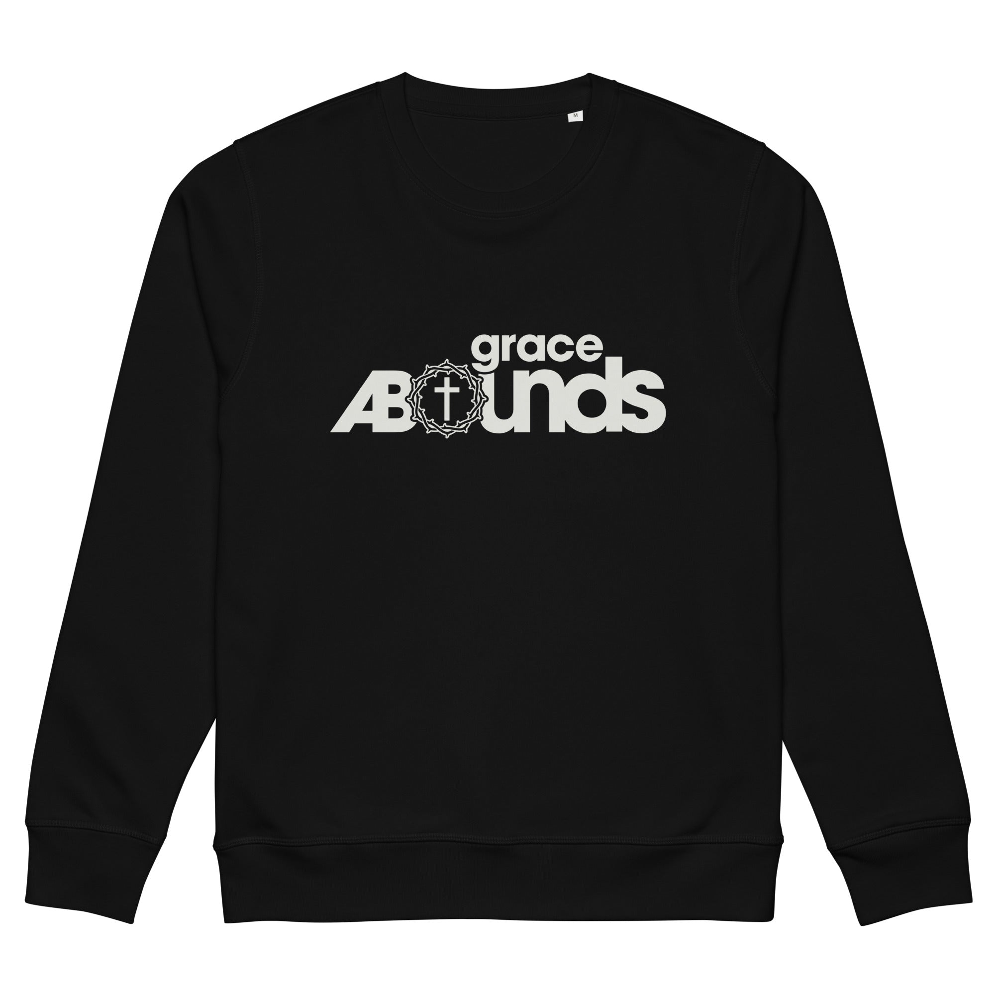 Image of Grace Abounds bible verse sweatshirt black front view — Entrusted to Him