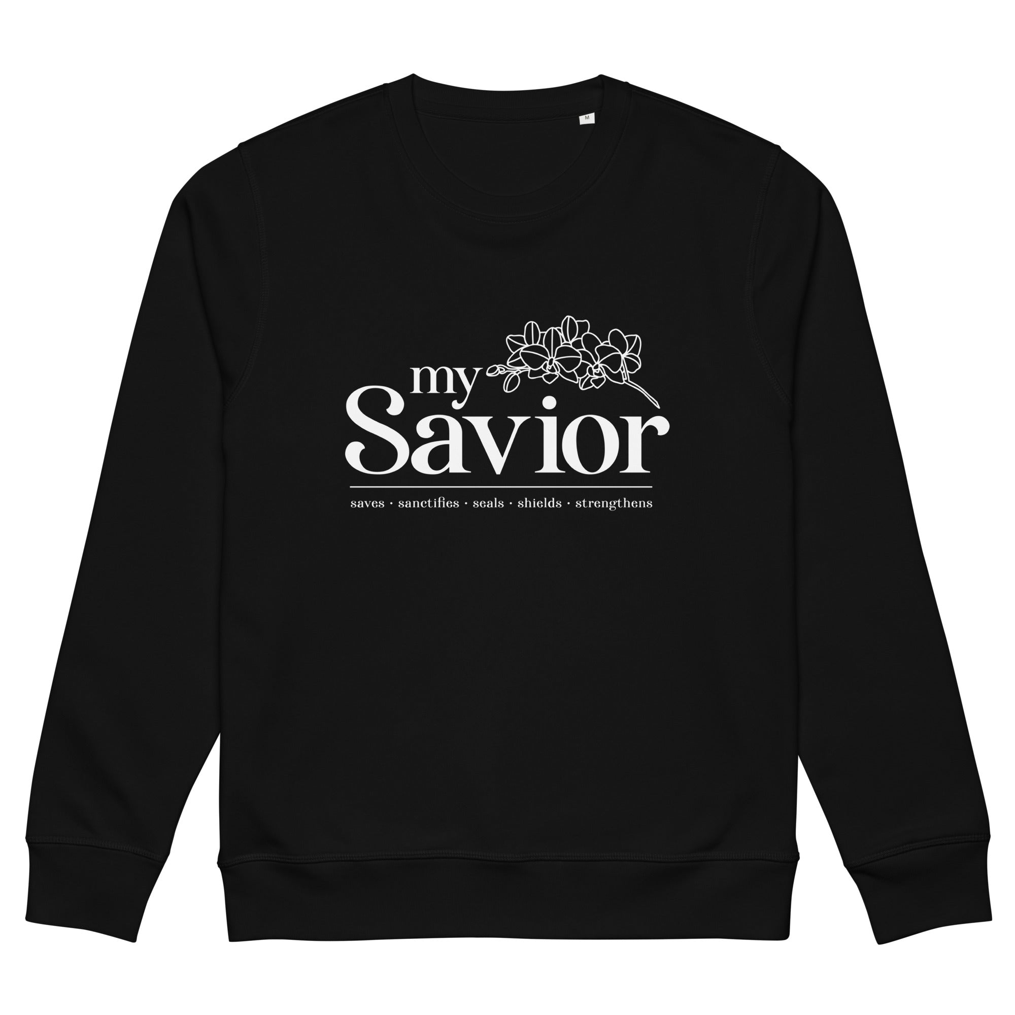 Image of My Savior Christian sweatshirt black front view — Entrusted to Him