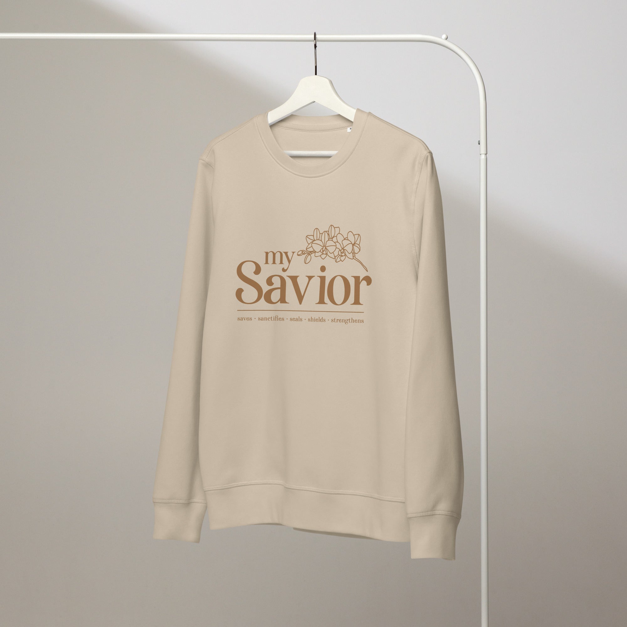 Image of My Savior God sweatshirt desert dust front close-up — Entrusted to Him faith apparel