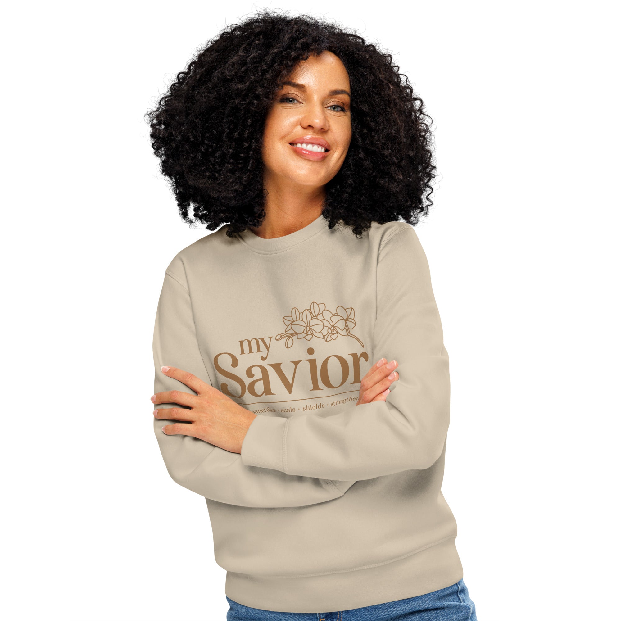 Image of My Savior Christian sweatshirt desert dust front detail — Entrusted to Him