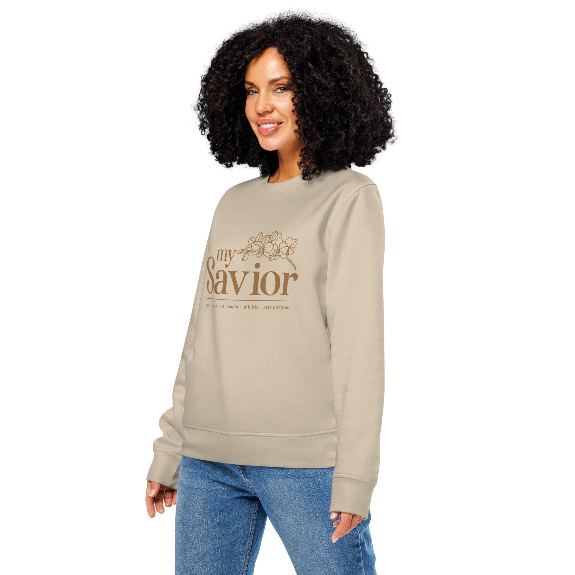 Image of My Savior organic sweatshirt desert dust left front view — Entrusted to Him