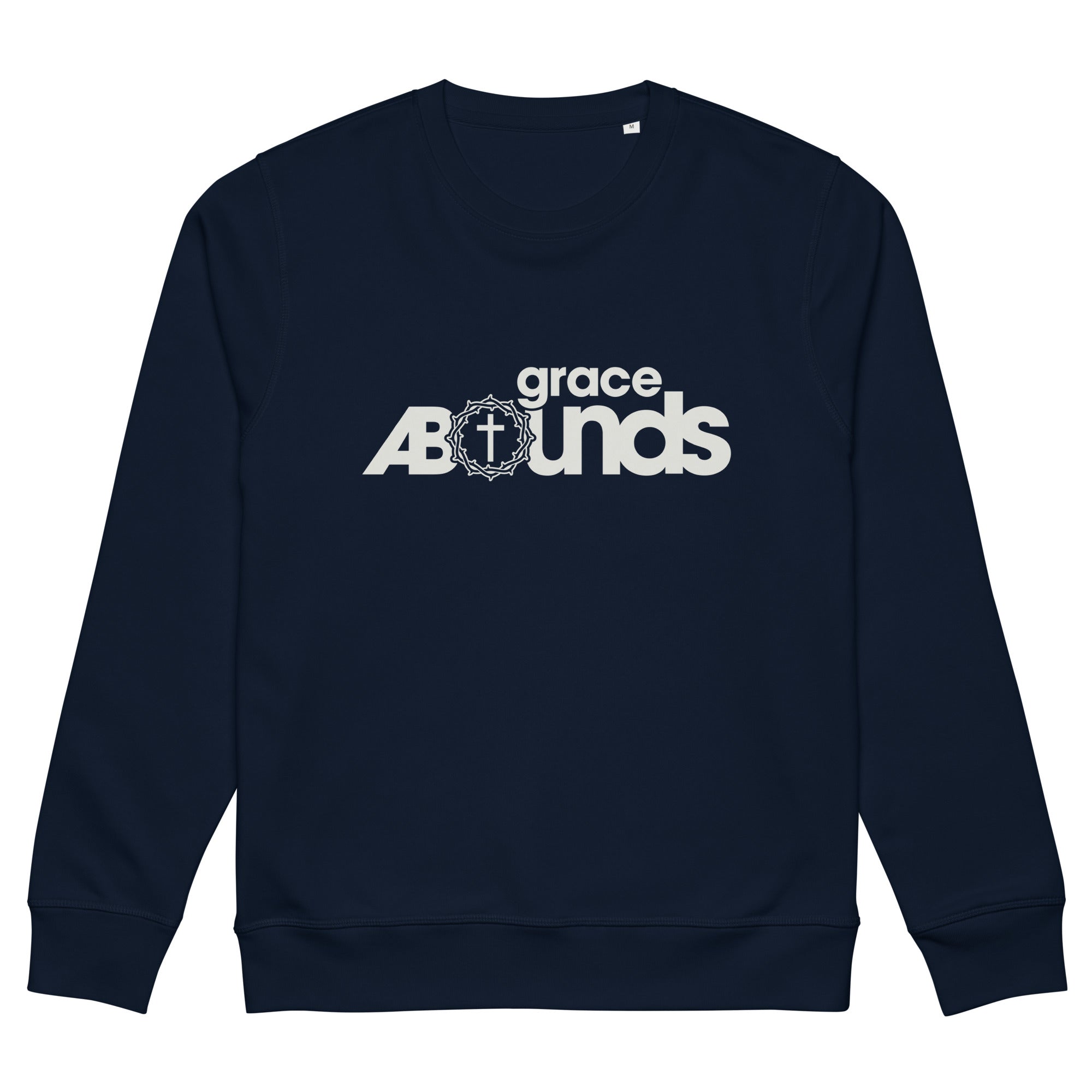 Image of Grace Abounds scripture sweatshirt french navy front view — Entrusted to Him