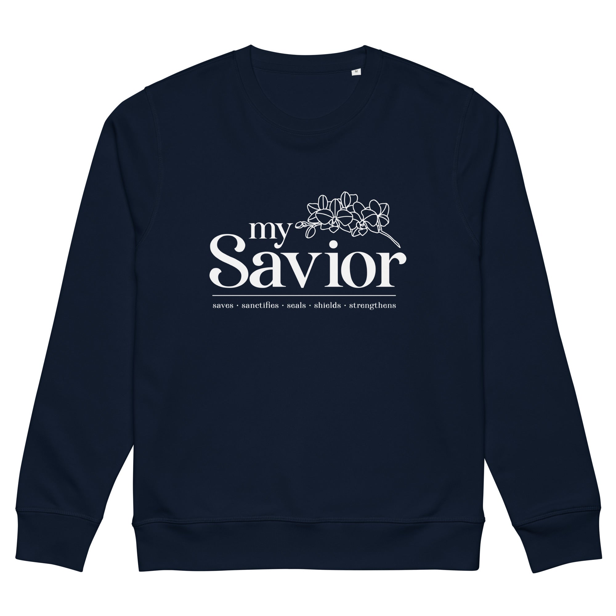 Image of My Savior Christian sweatshirt french navy front view — Entrusted to Him