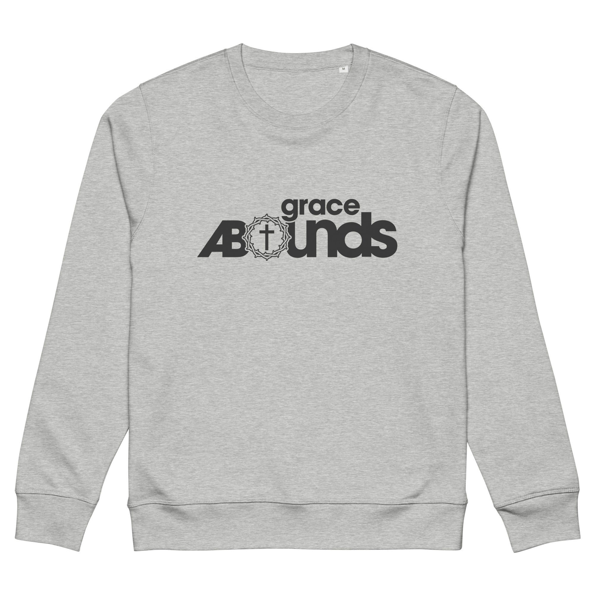 Image of Grace Abounds organic faith sweatshirt heather grey front view — Entrusted to Him
