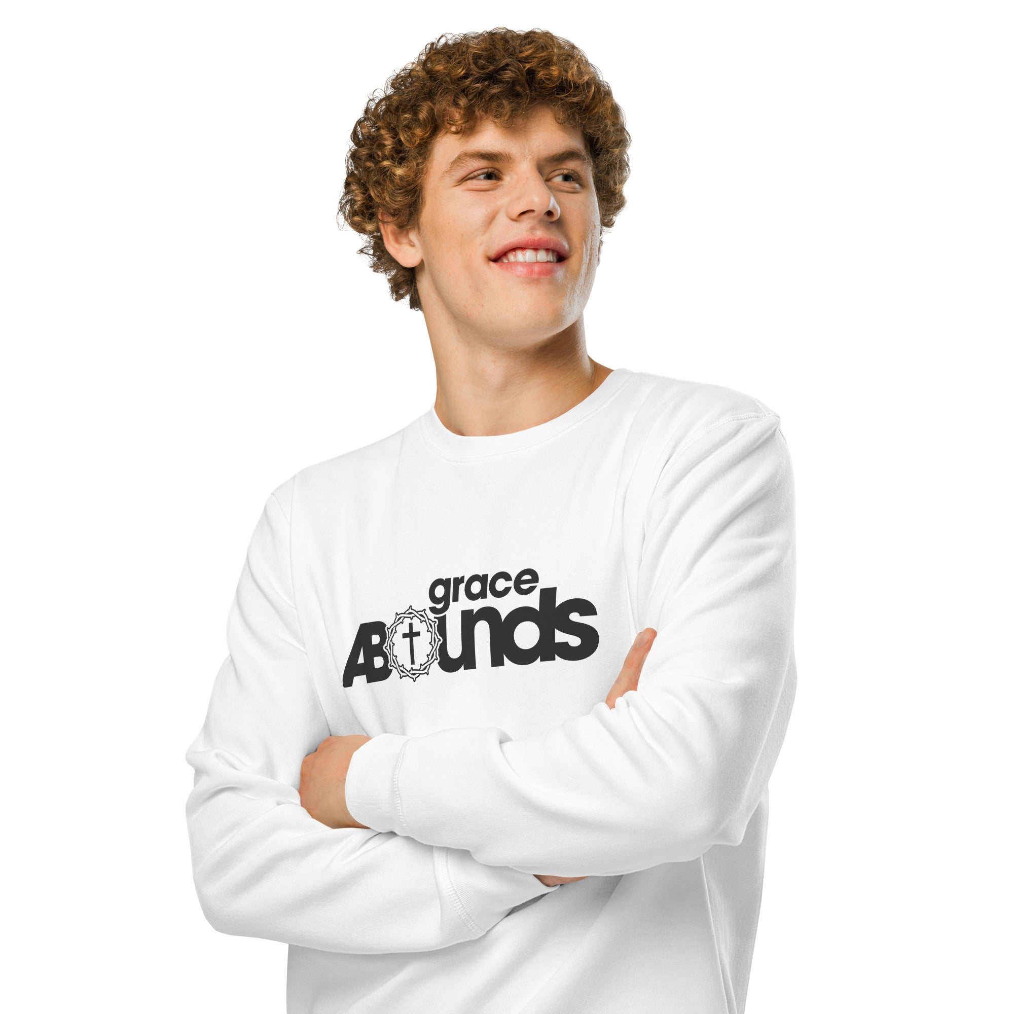 Image of Grace Abounds scripture sweatshirt white front alternate view — Entrusted to Him