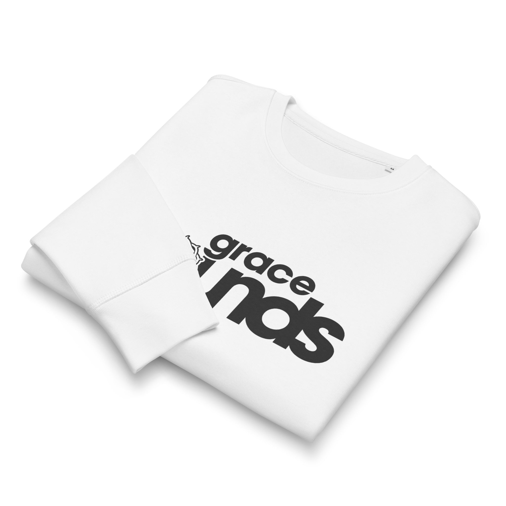 Image of Grace Abounds bible verse sweatshirt white front detail — Entrusted to Him