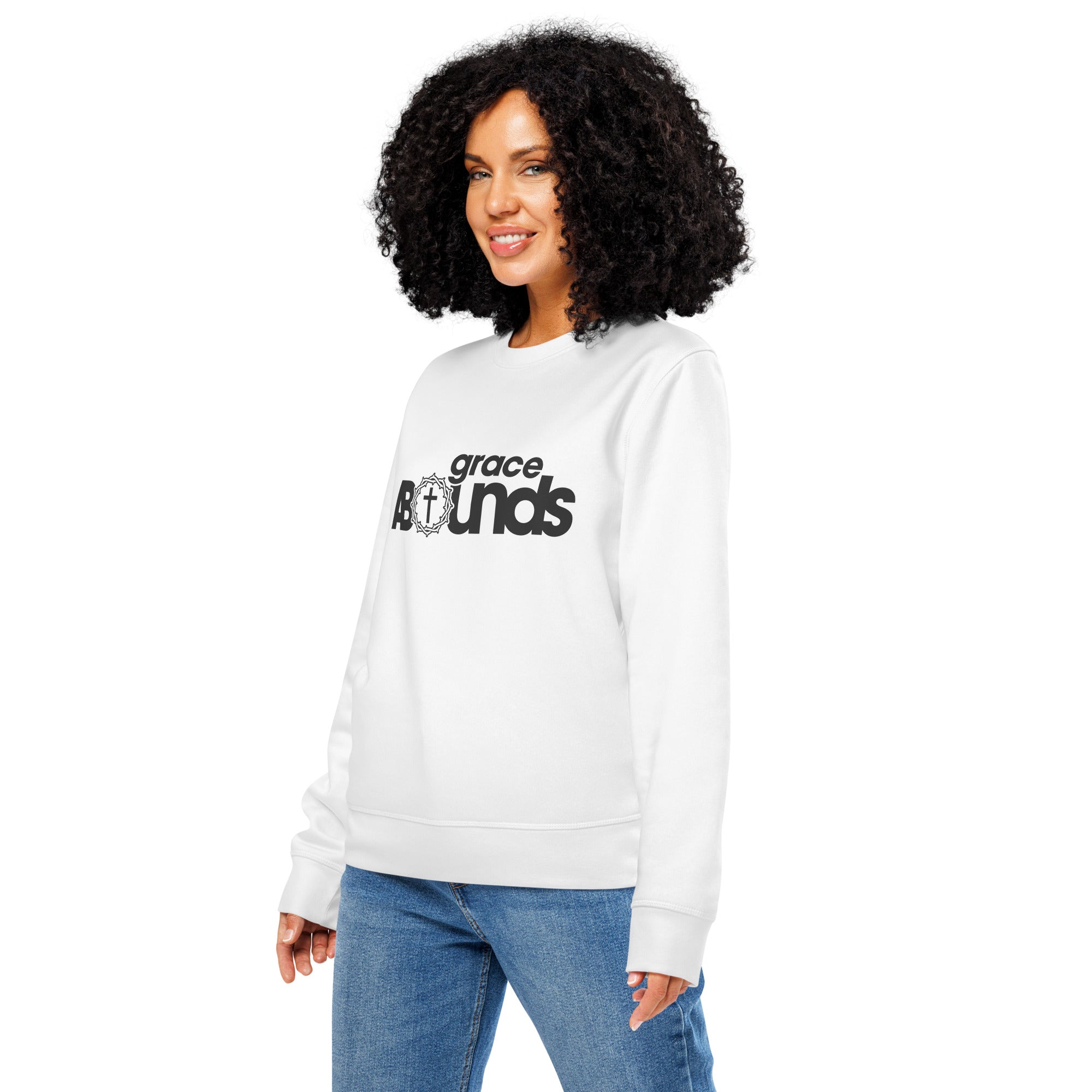 Image of Grace Abounds Christian sweatshirt white left front view — Entrusted to Him