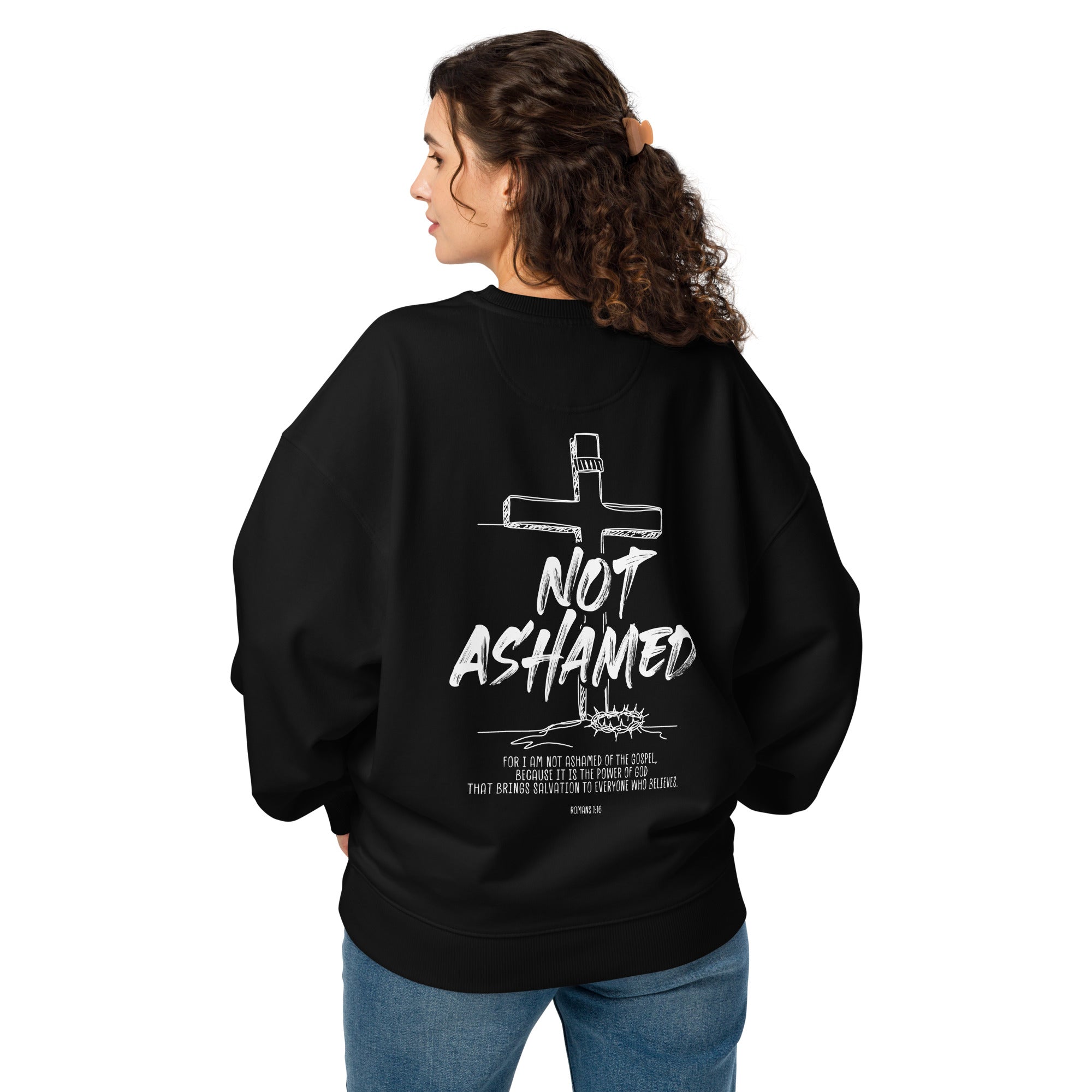 Image of Not Ashamed scripture sweatshirt black back alternate view — Entrusted to Him