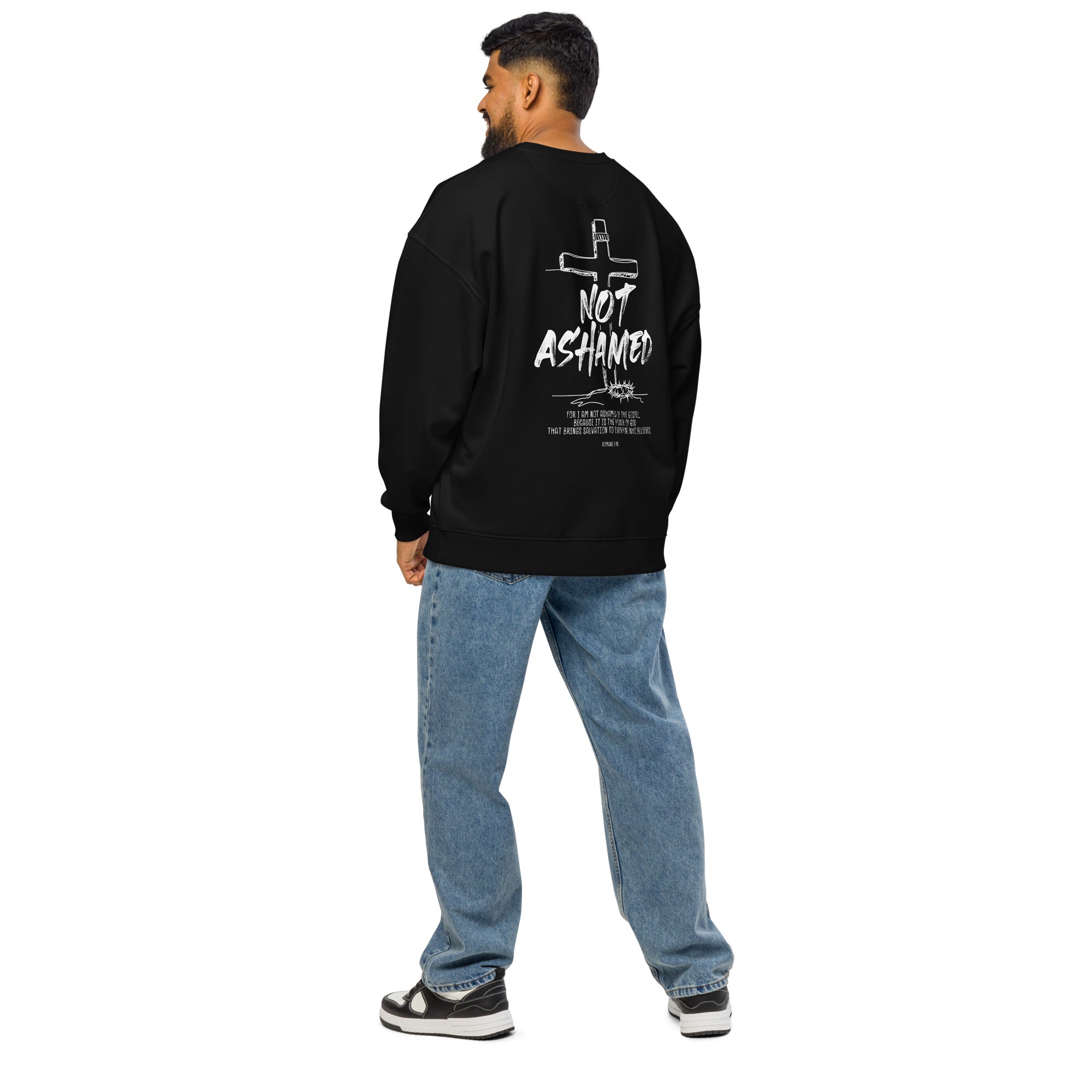 Image of Not Ashamed Romans 1:16 scripture sweatshirt black back detail view — Entrusted to Him