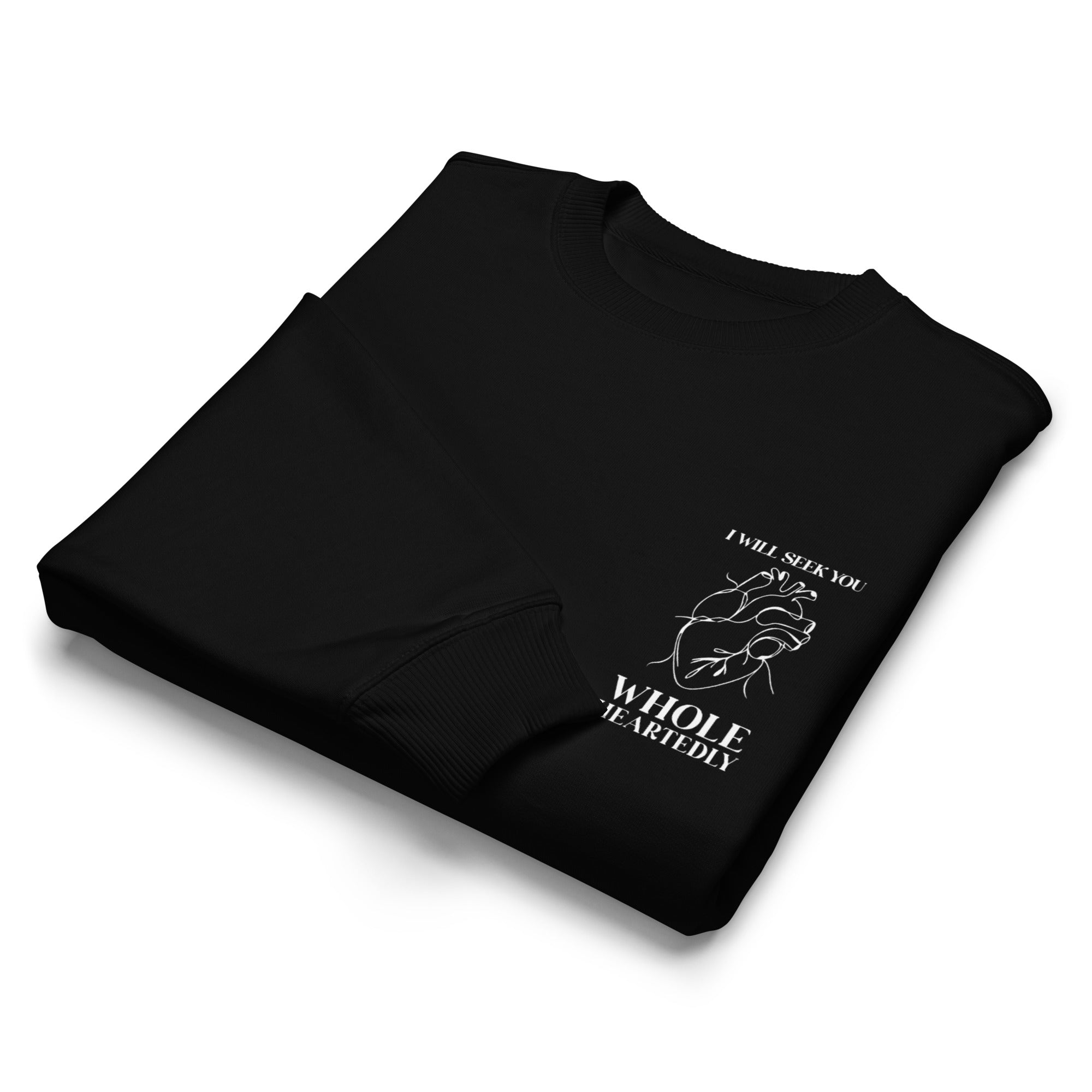 Image of Wholeheartedly Christian sweatshirt black front detail view — Entrusted to Him