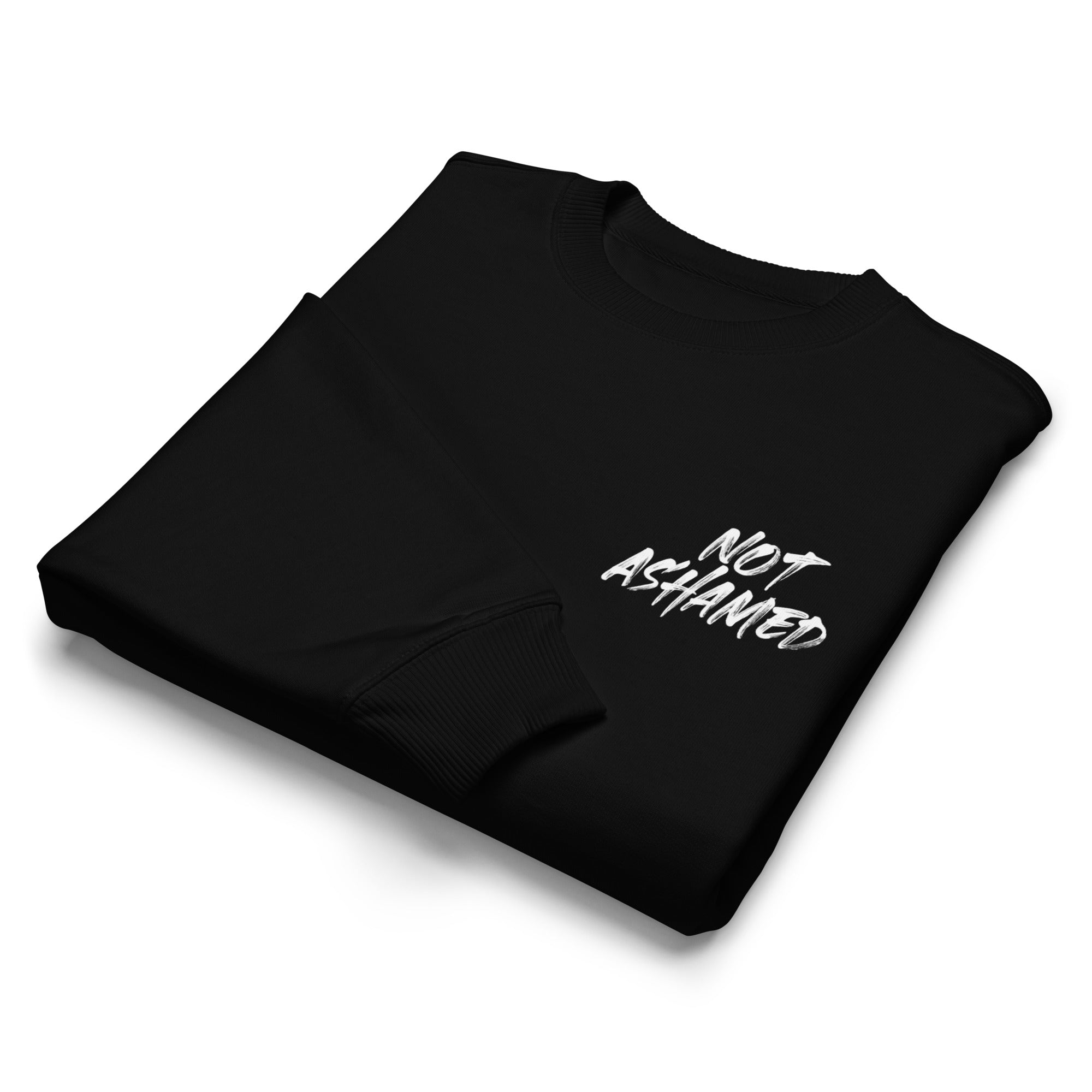 Image of Not Ashamed Romans 1:16 Christian sweatshirt black front alternate view — Entrusted to Him