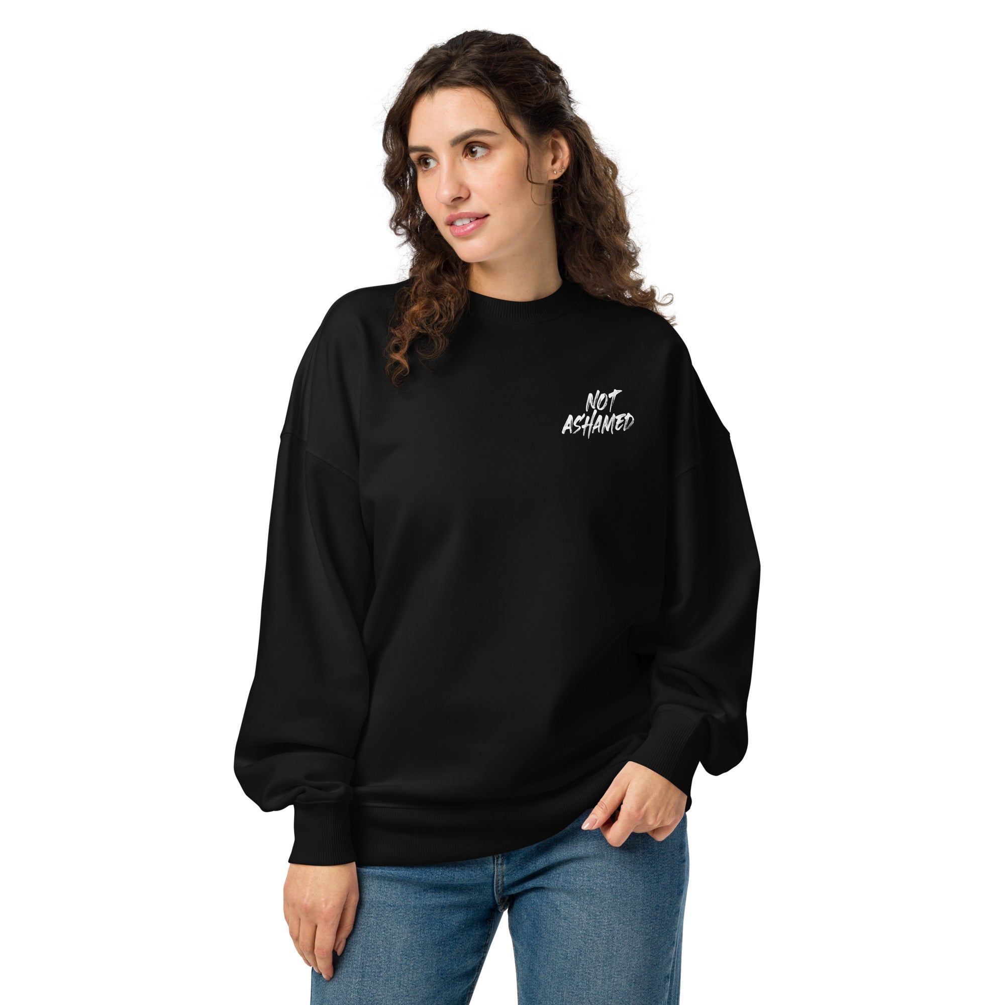 Image of Not Ashamed Christian sweatshirt black front view — Entrusted to Him
