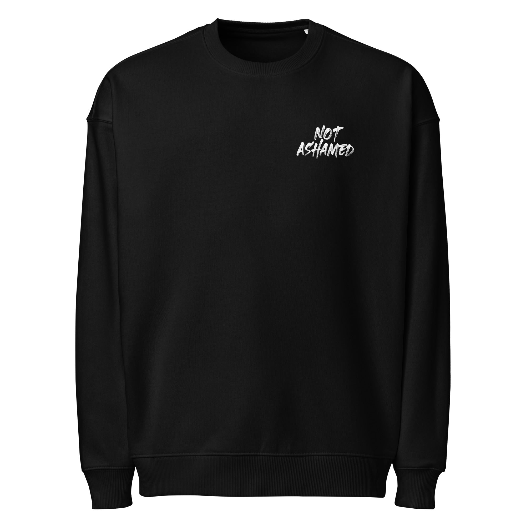 Image of Not Ashamed scripture sweatshirt black front lifestyle view — Entrusted to Him