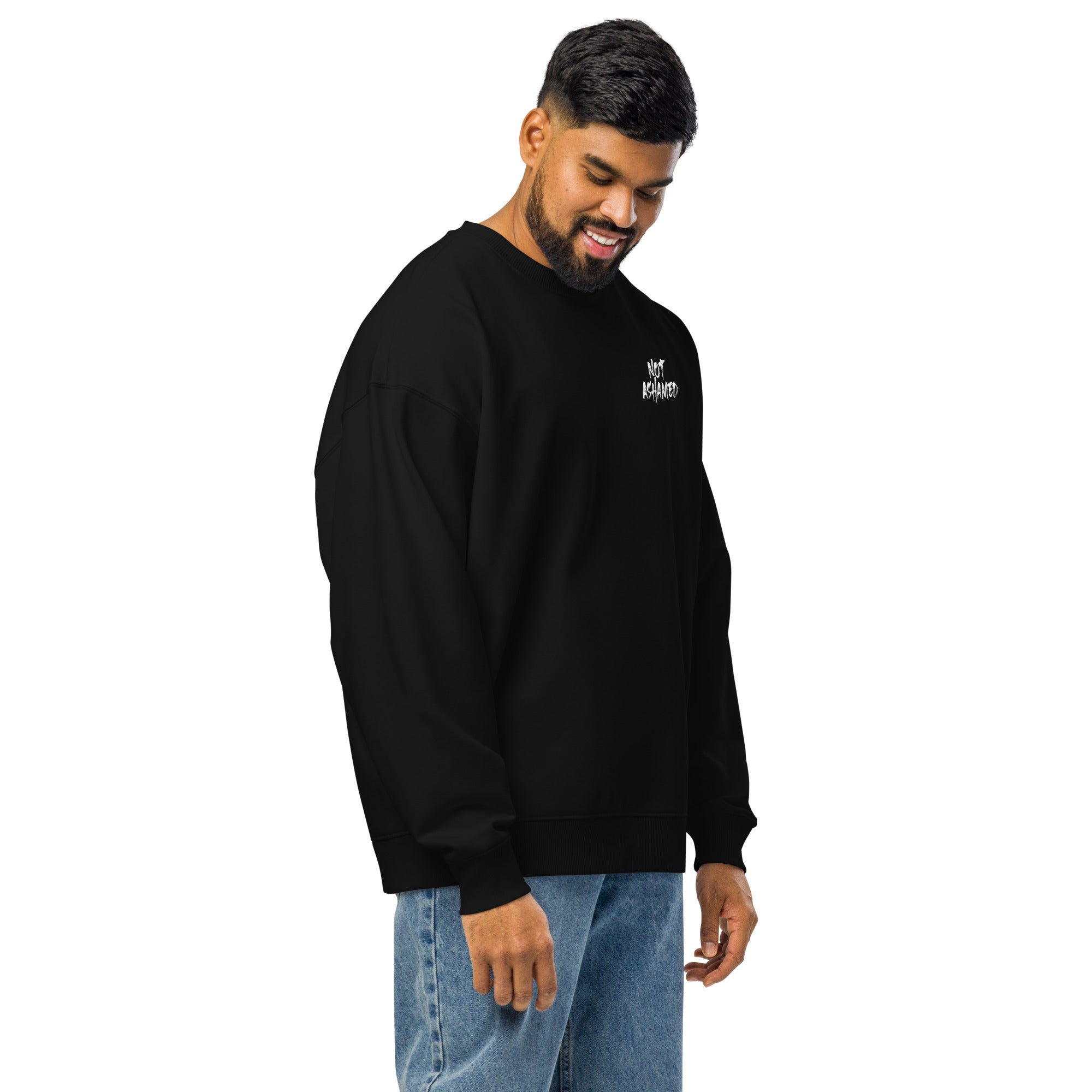 Image of Not Ashamed Christian sweatshirt black right front view — Entrusted to Him