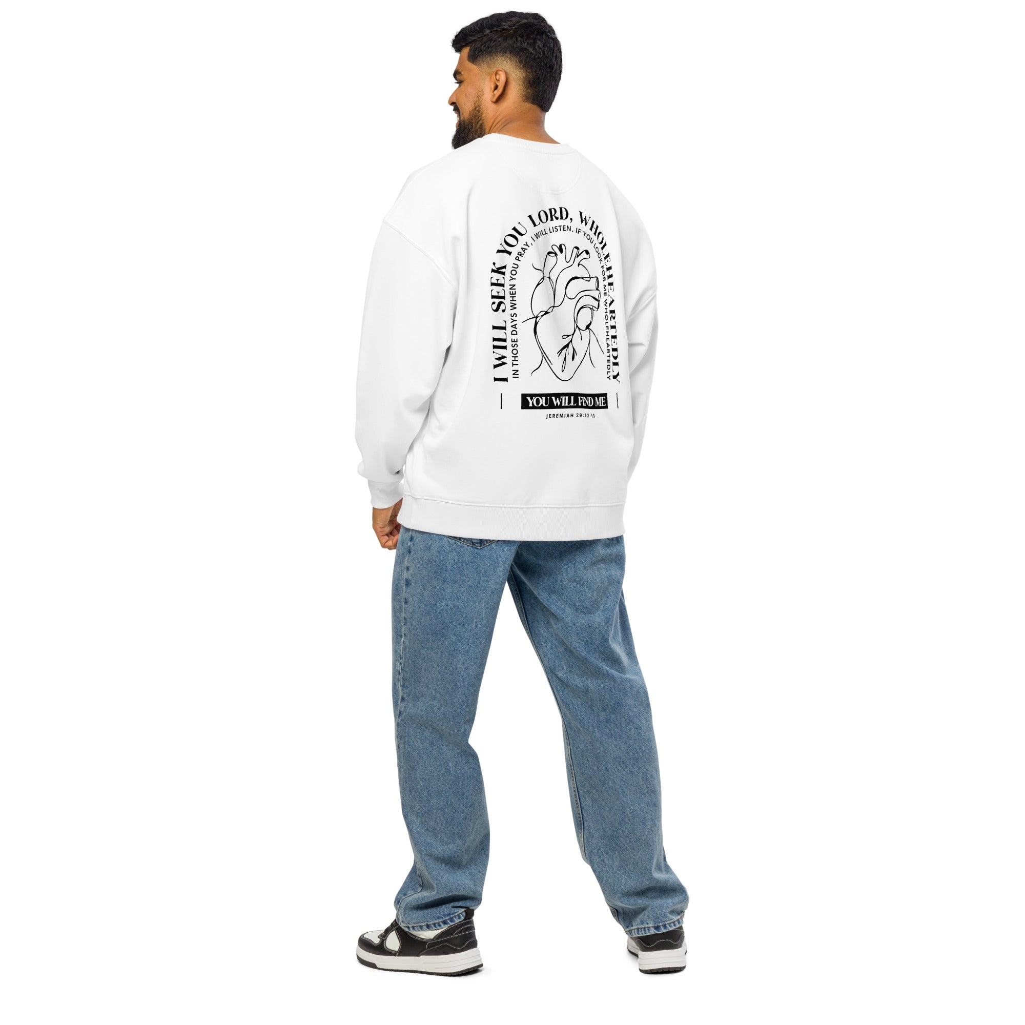 Image of Wholeheartedly Christian sweatshirt white back detail view — Entrusted to Him