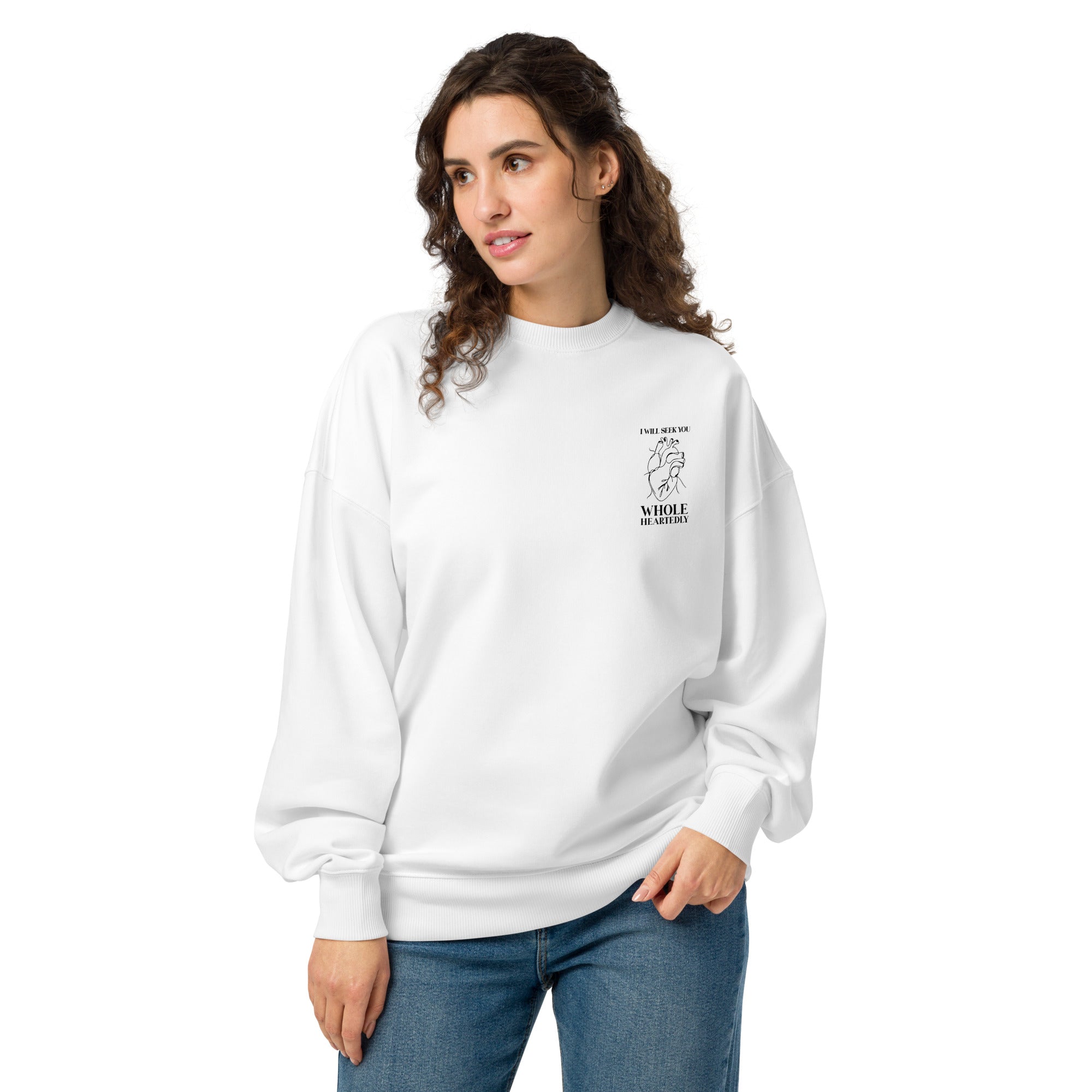 Image of Wholeheartedly oversized scripture sweatshirt white front lifestyle view — Entrusted to Him