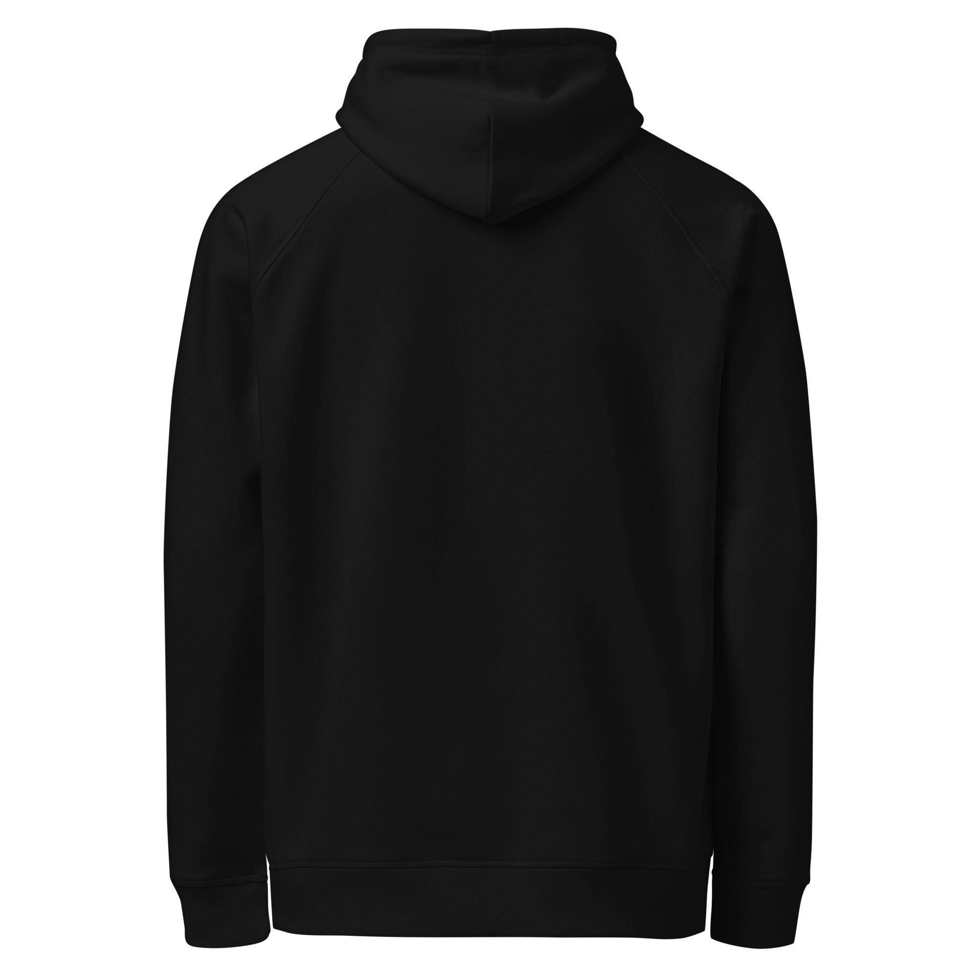 Image of Risen black on black organic Christian hoodie back alternate — Entrusted to Him