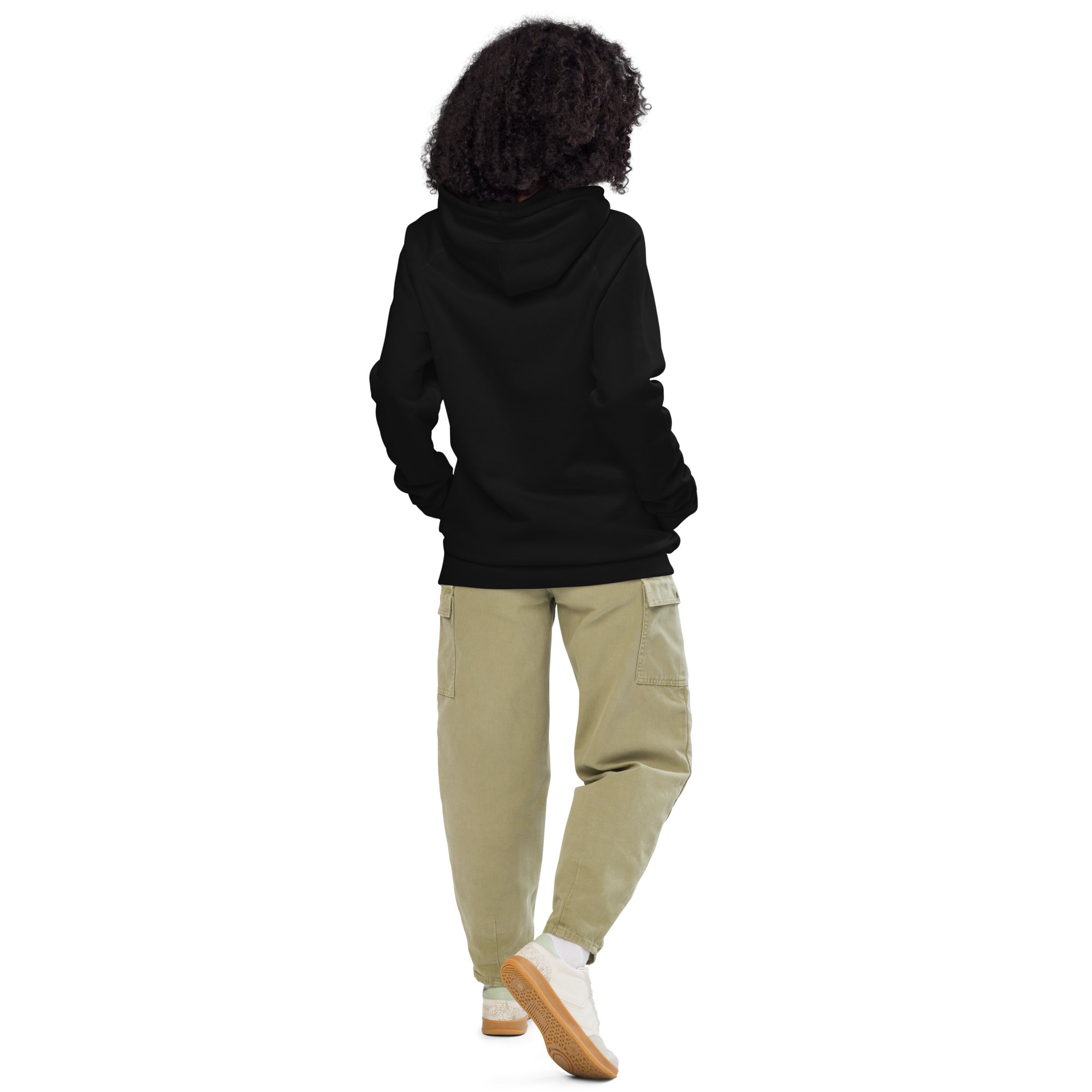 Image of Risen black on black embroidered Christian hoodie back view — Entrusted to Him