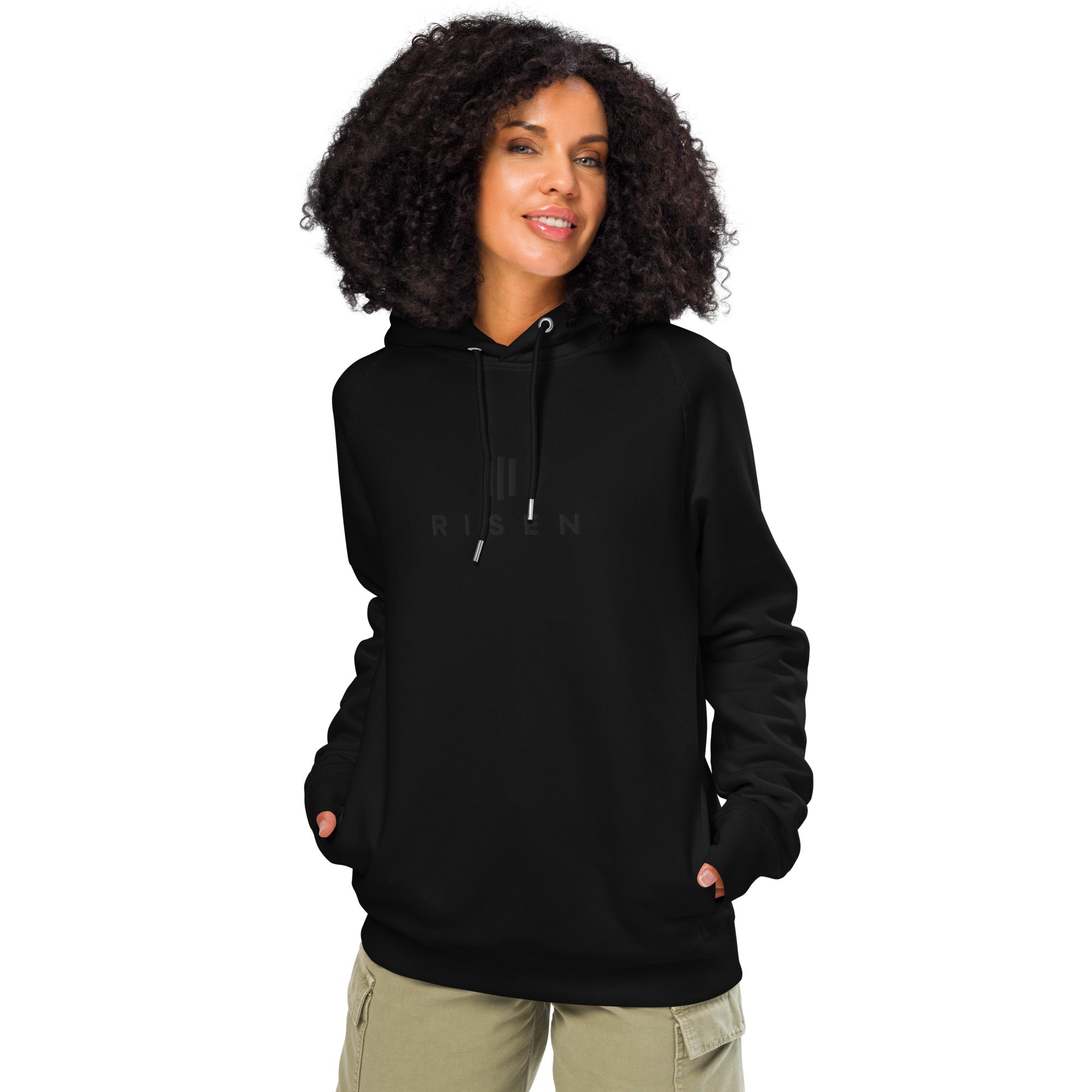 Image of Risen black on black Christian hoodie front close-up — Entrusted to Him