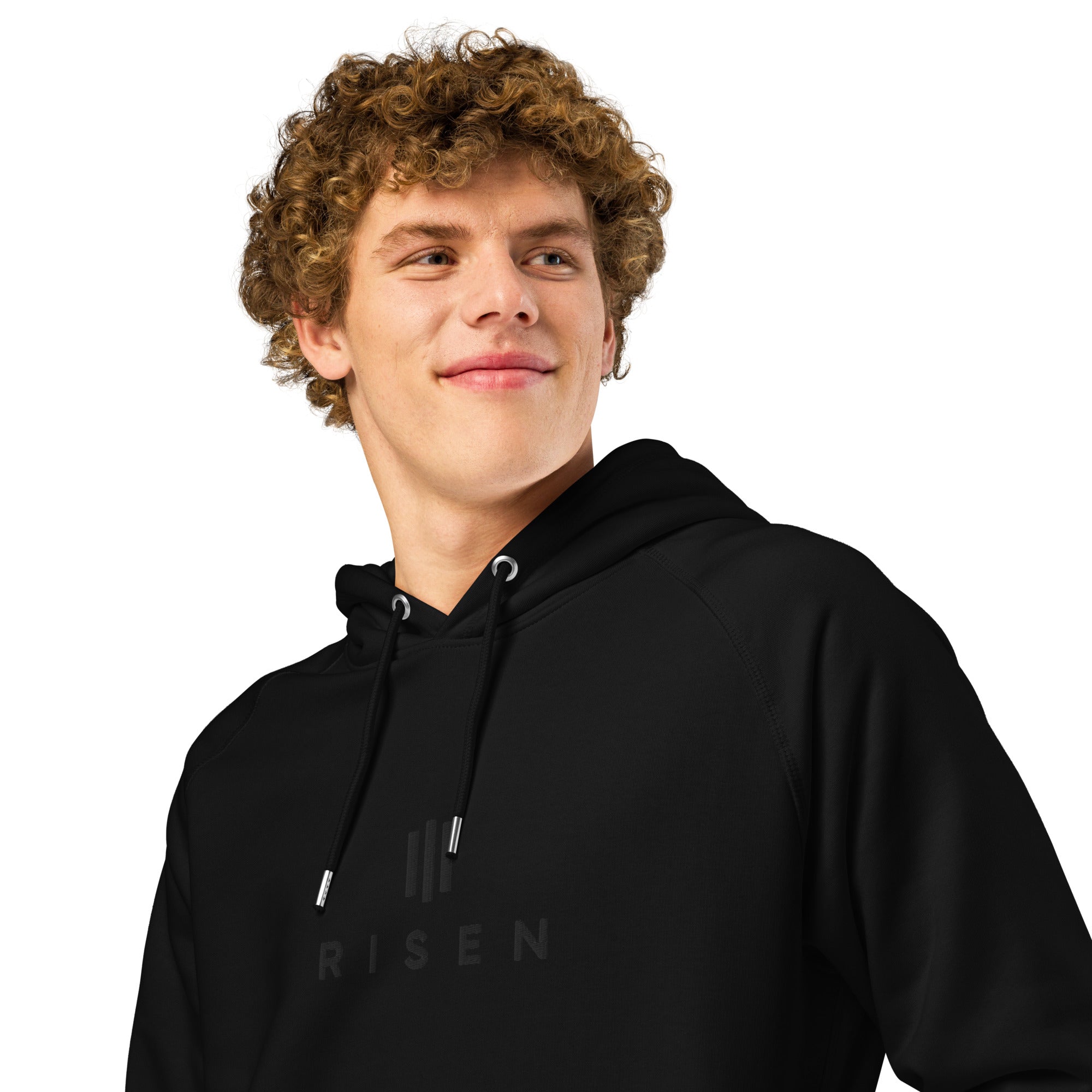 Image of Risen black on black Jesus hoodie front alternate view — Entrusted to Him