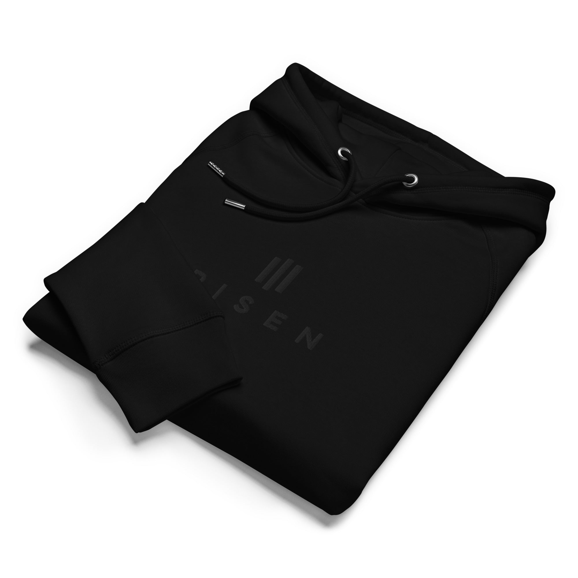 Image of Risen black on black Christian hoodie front lifestyle — Entrusted to Him