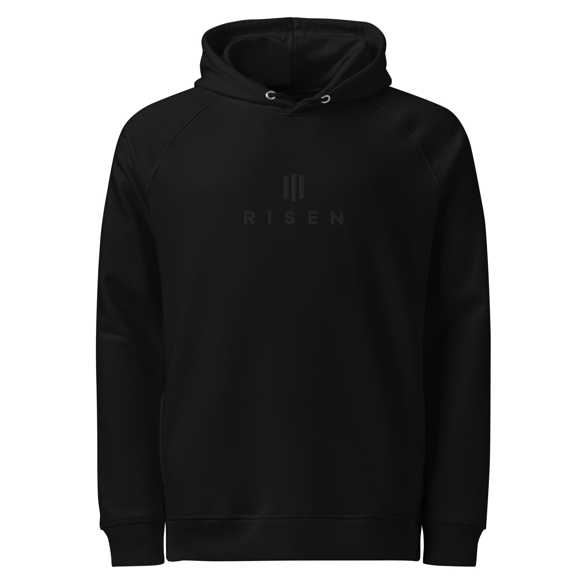 Image of Risen black on black embroidered Christian hoodie front view — Entrusted to Him