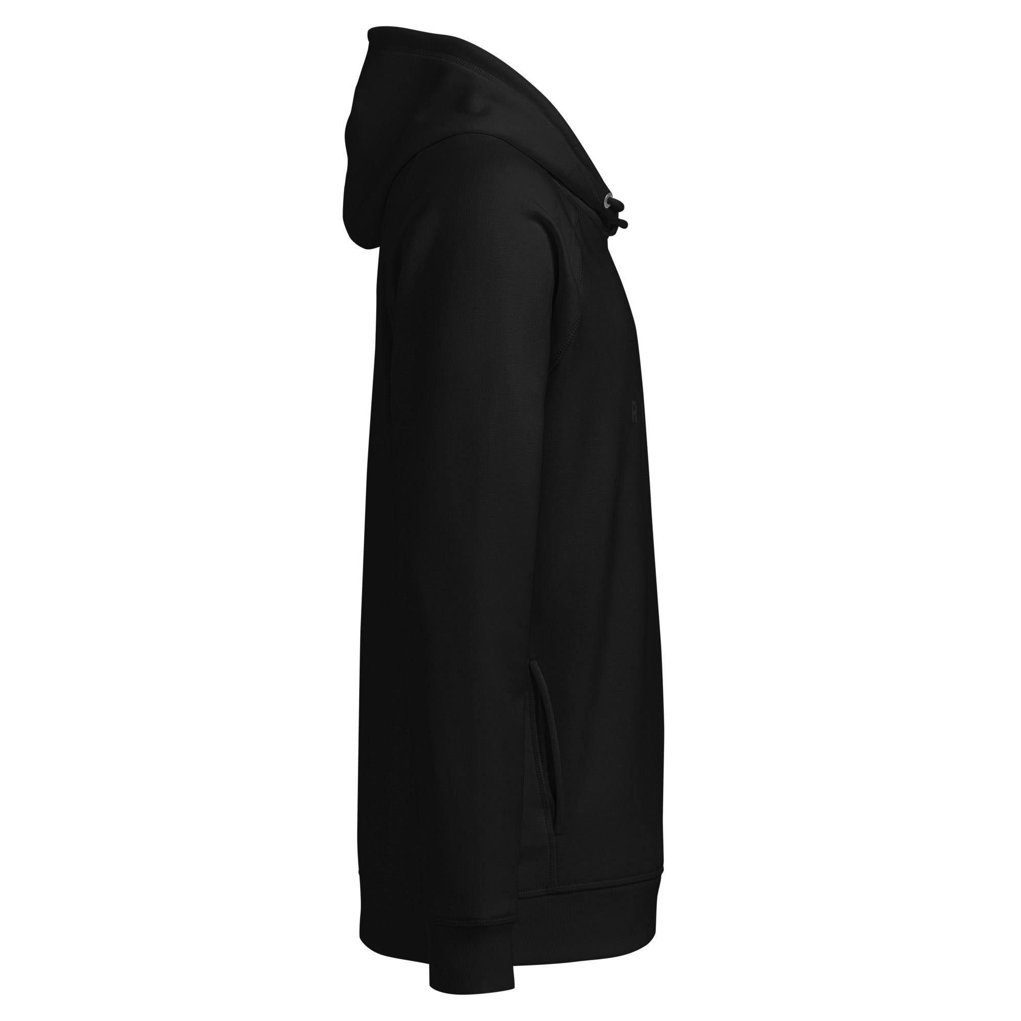 Image of Risen black on black Christian hoodie side view — Entrusted to Him