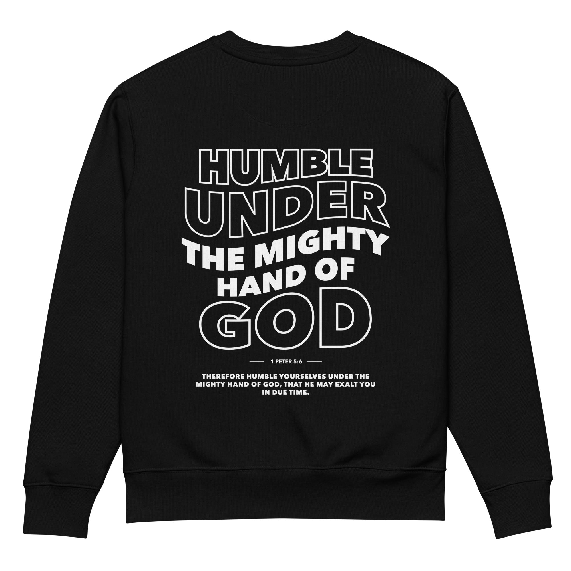 Image of Humble Yourself Christian sweatshirt black back view — Entrusted to Him