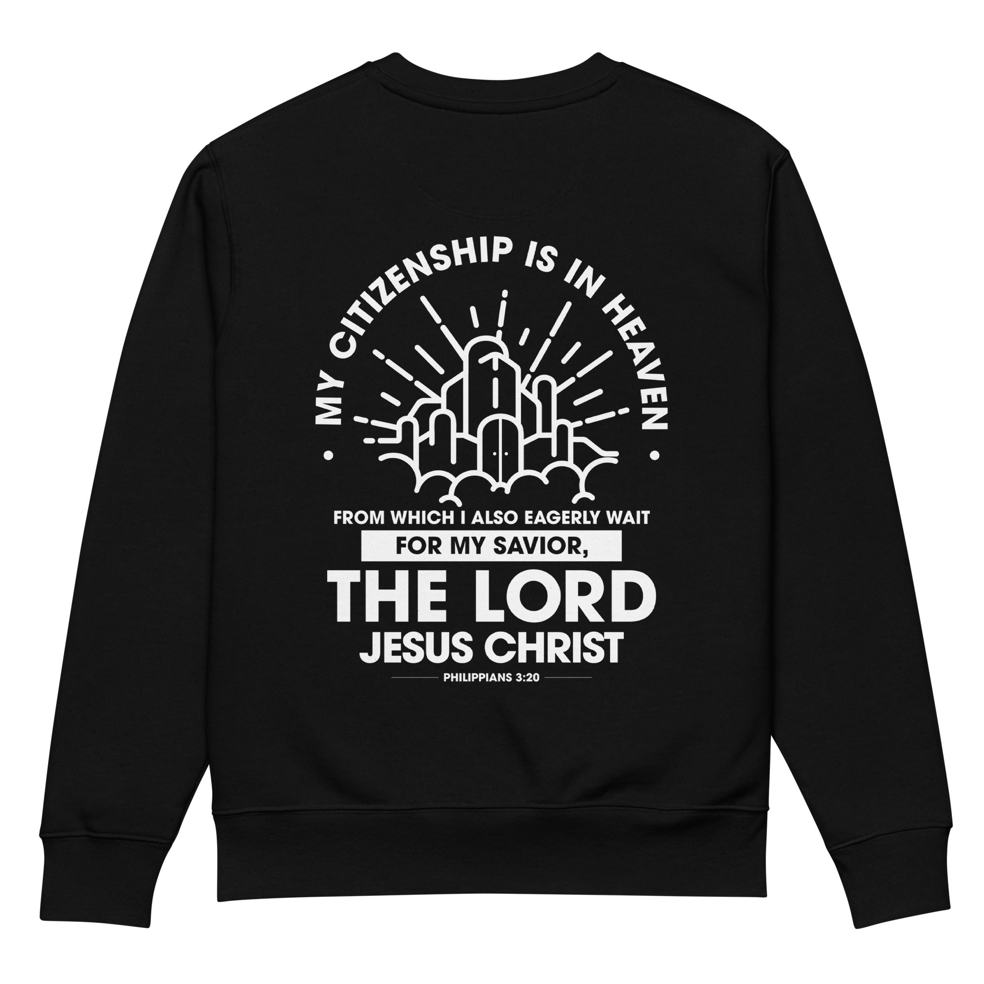 Image of Citizen of Heaven Christian sweatshirt black back view — Entrusted to Him