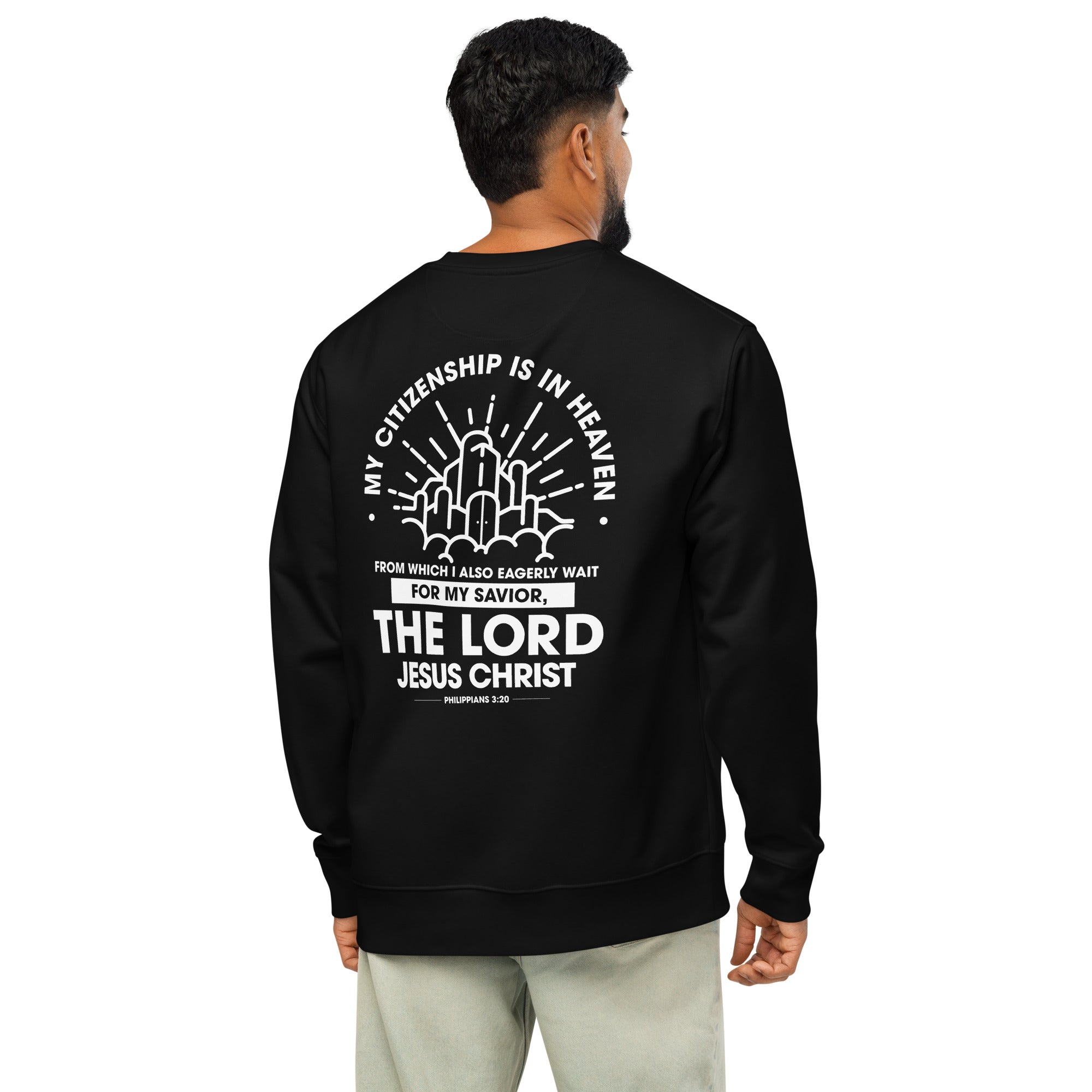 Image of Citizen of Heaven Christian sweatshirt black back alternate view — Entrusted to Him
