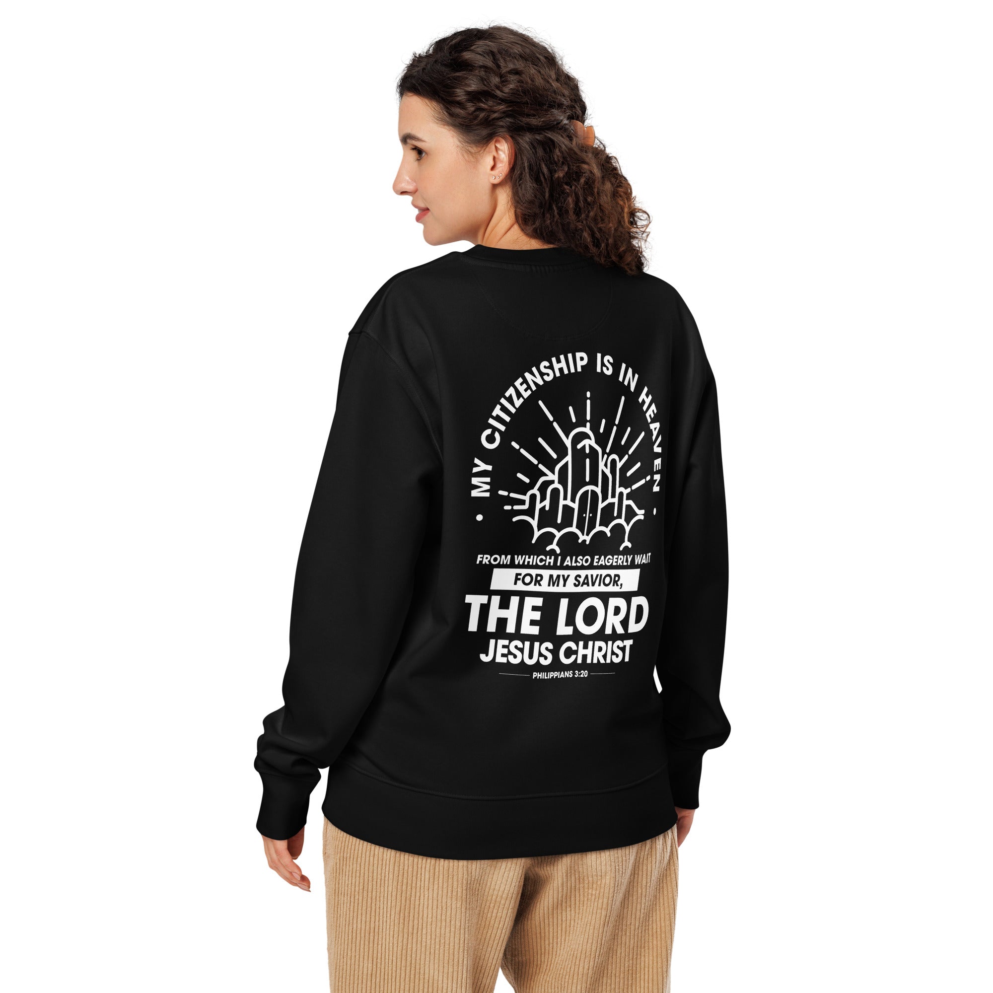 Image of Citizen of Heaven God sweatshirt black back close-up — Entrusted to Him
