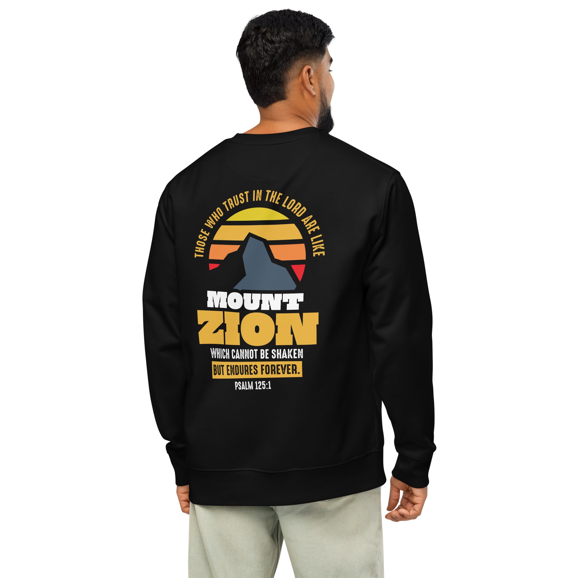 Image of Mount Zion Christian sweatshirt black back alternate view — Entrusted to Him