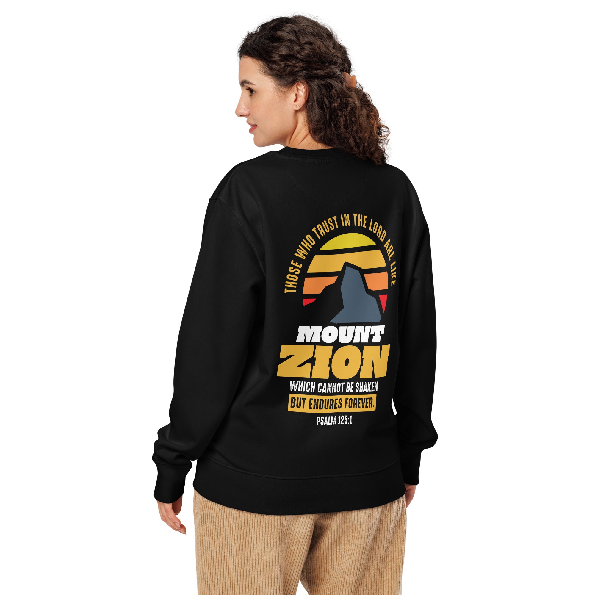 Image of Mount Zion Christian sweatshirt black back detail view — Entrusted to Him