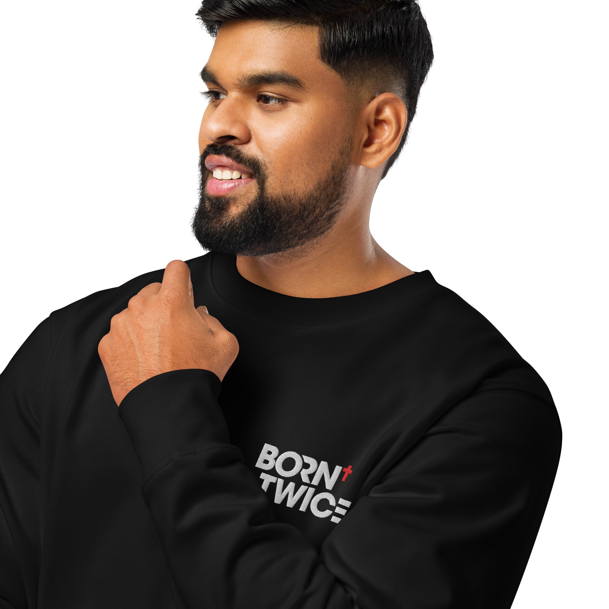 Image of Born Twice Christian sweatshirt black front lifestyle view — Entrusted to Him
