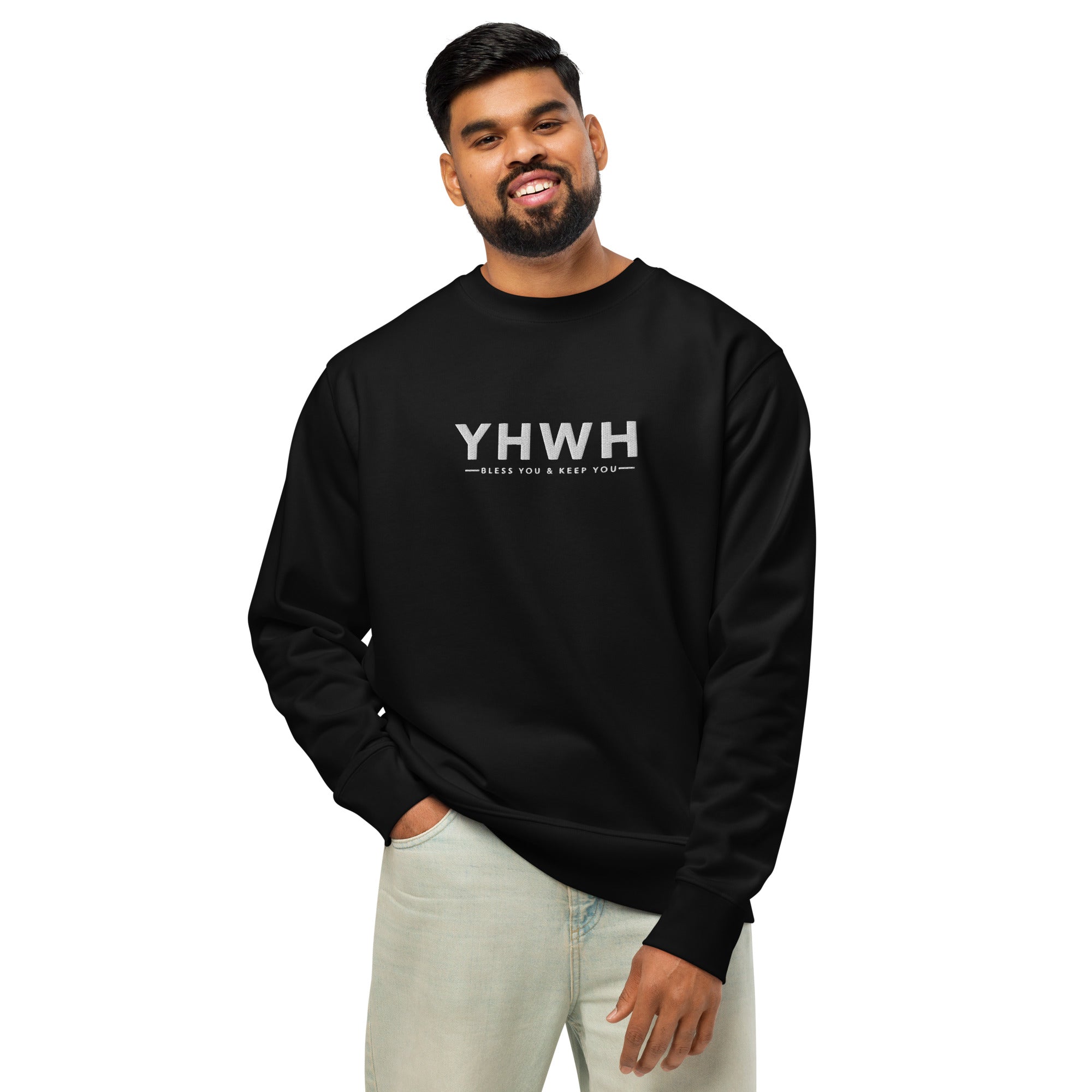 Image of YHWH bible verse sweatshirt black front detail — Entrusted to Him faith apparel