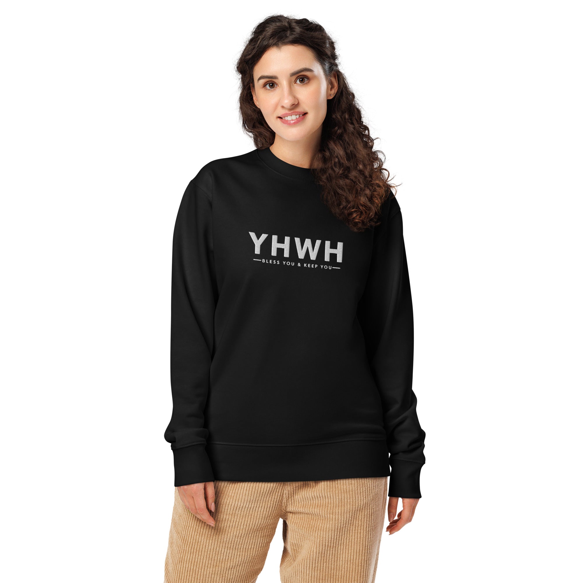 Image of YHWH God sweatshirt black front close-up — Entrusted to Him