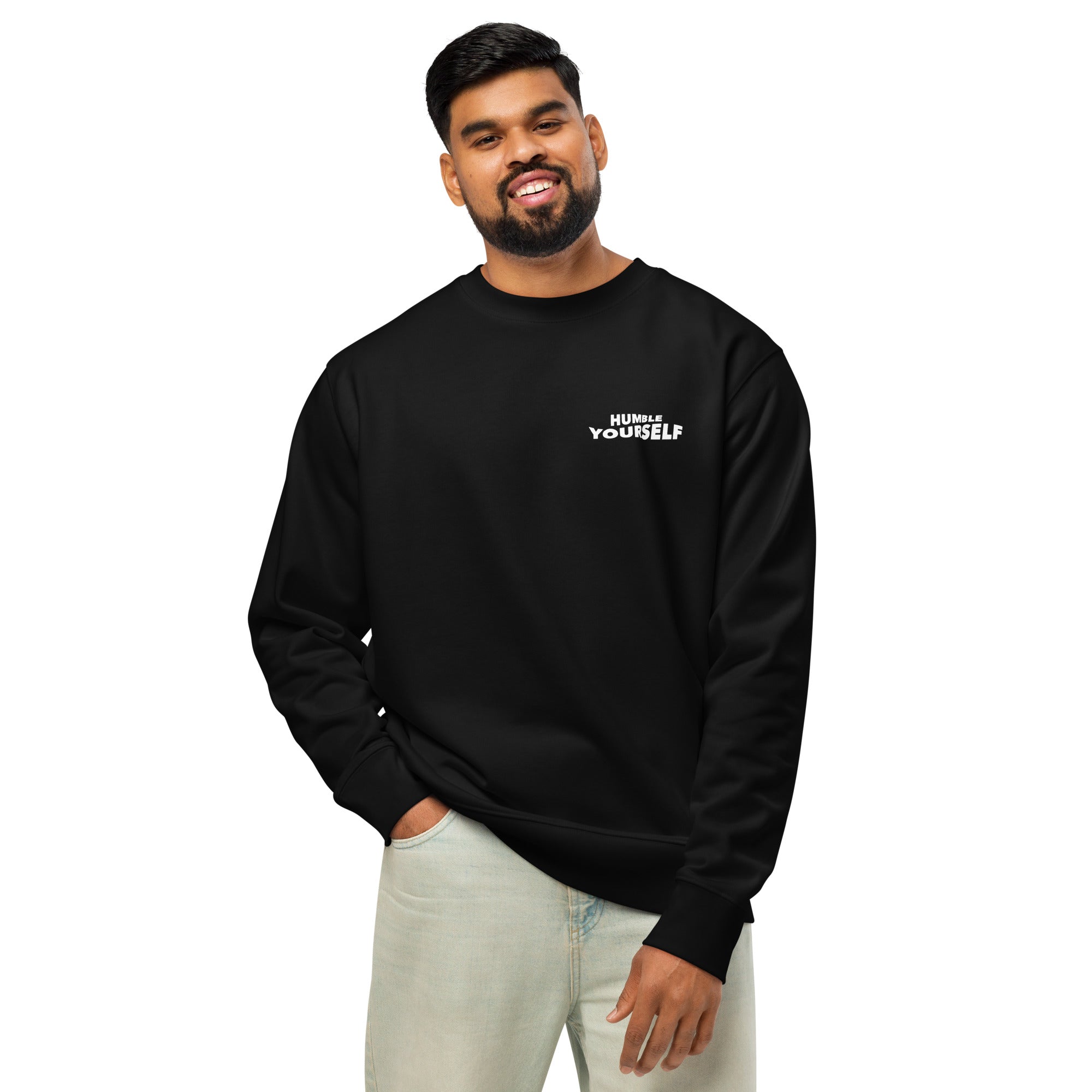 Image of Humble Yourself God sweatshirt black front close-up — Entrusted to Him faith apparel