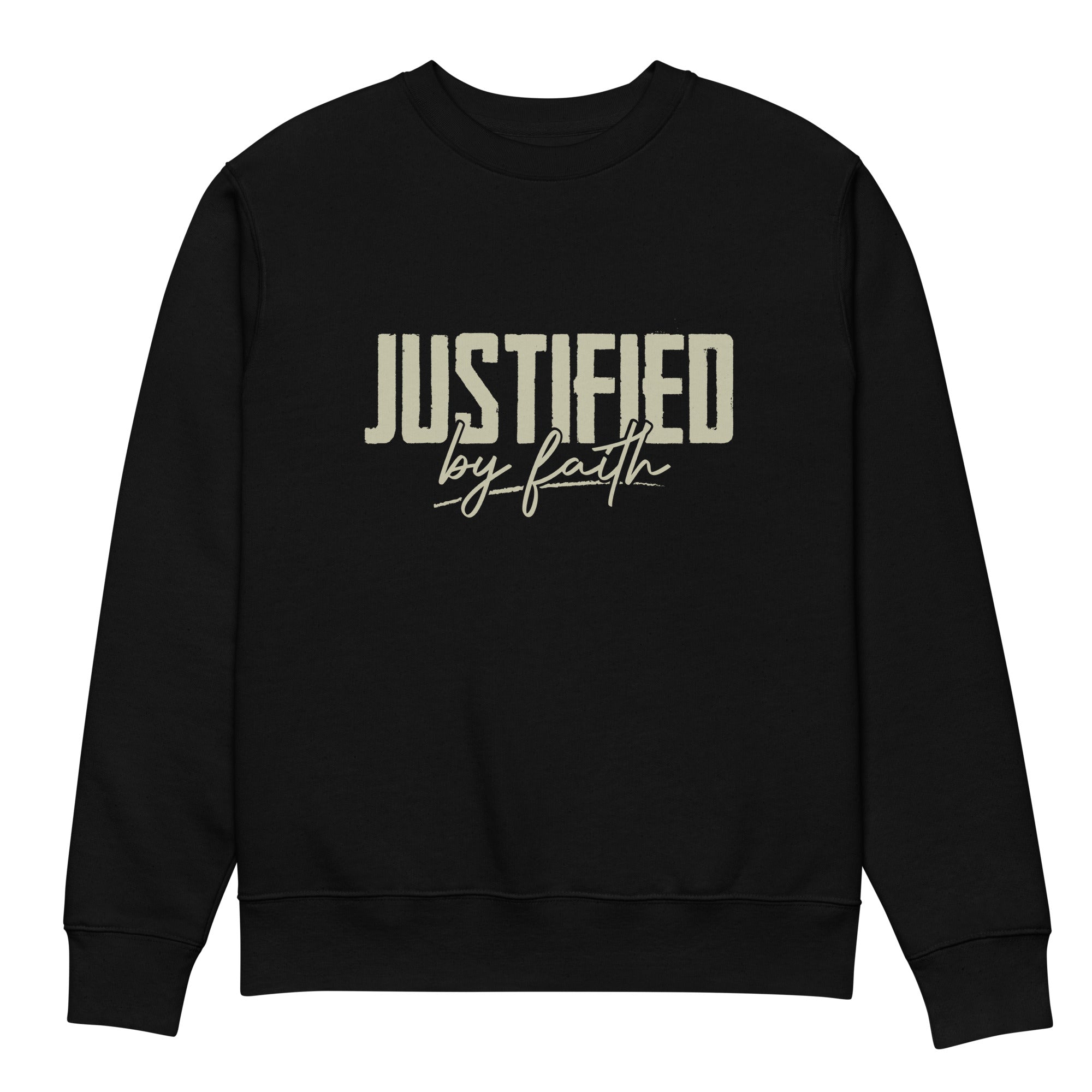Image of Justified by Faith scripture sweatshirt black front view — Entrusted to Him