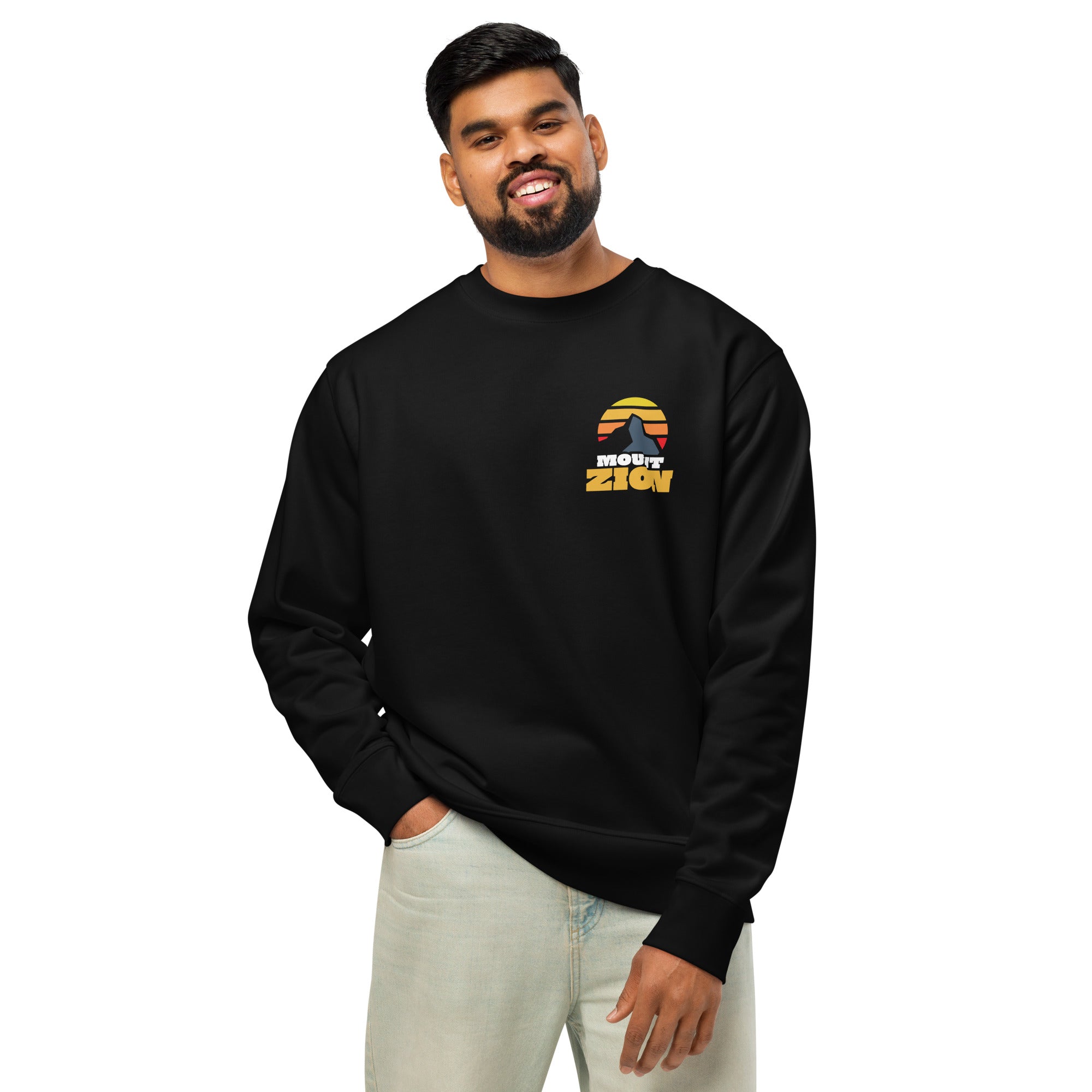 Image of Mount Zion Hebrews 12 Christian sweatshirt black front view — Entrusted to Him