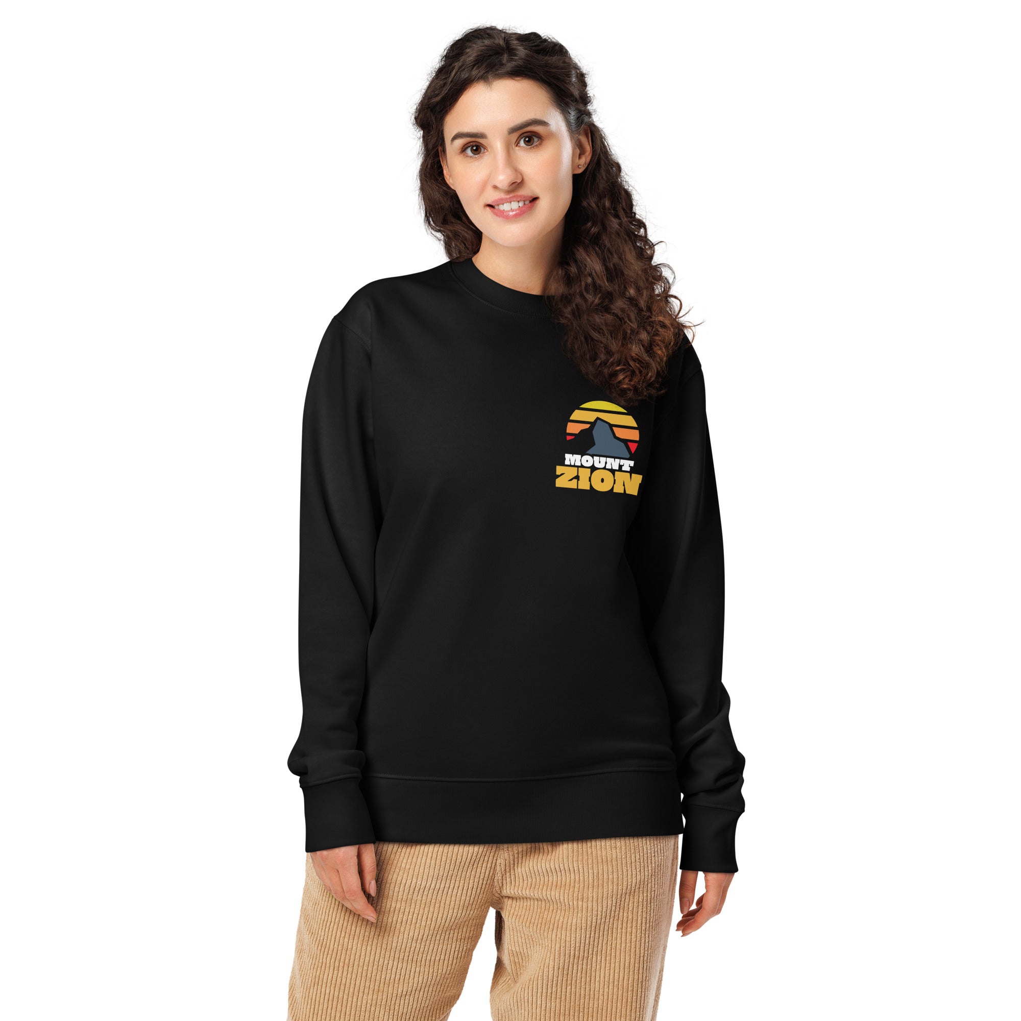Image of Mount Zion scripture sweatshirt black front detail view — Entrusted to Him