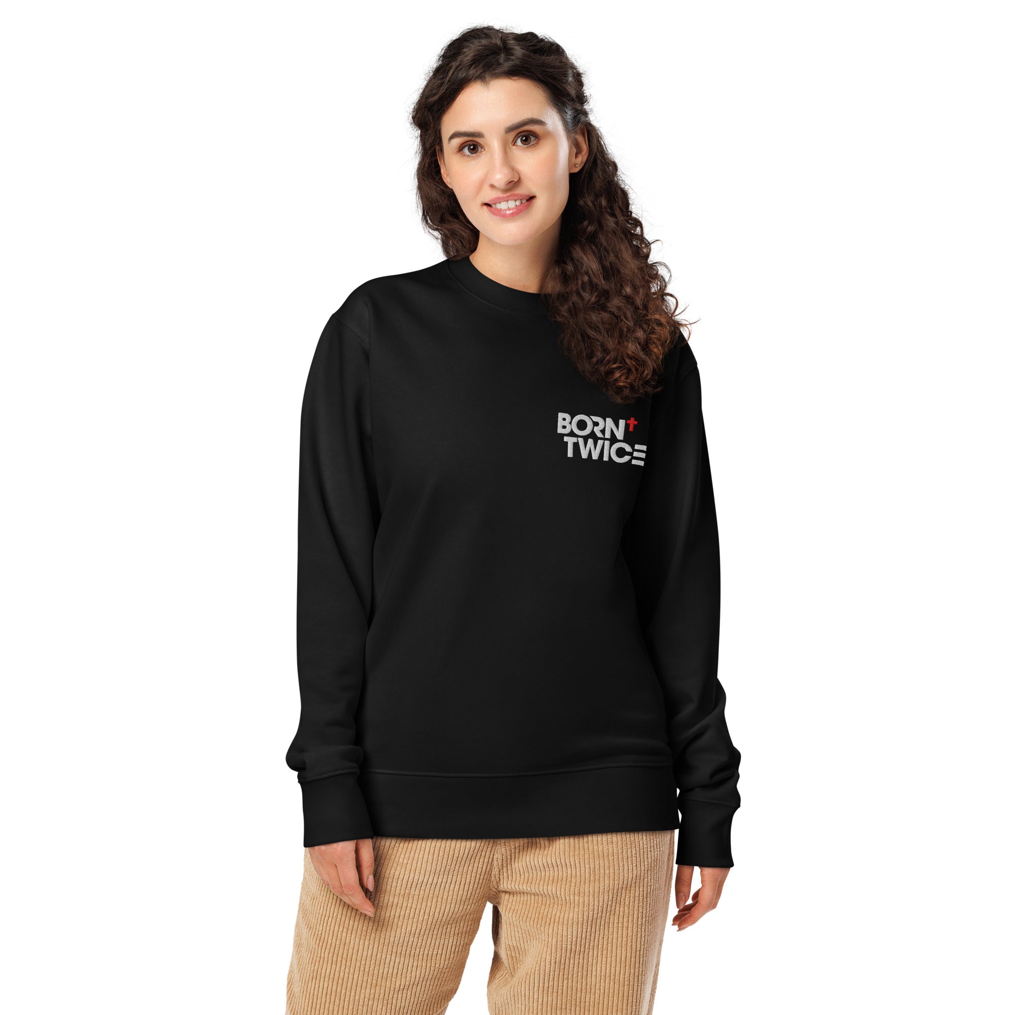 Image of Born Twice John 3:3 Christian sweatshirt black front view — Entrusted to Him