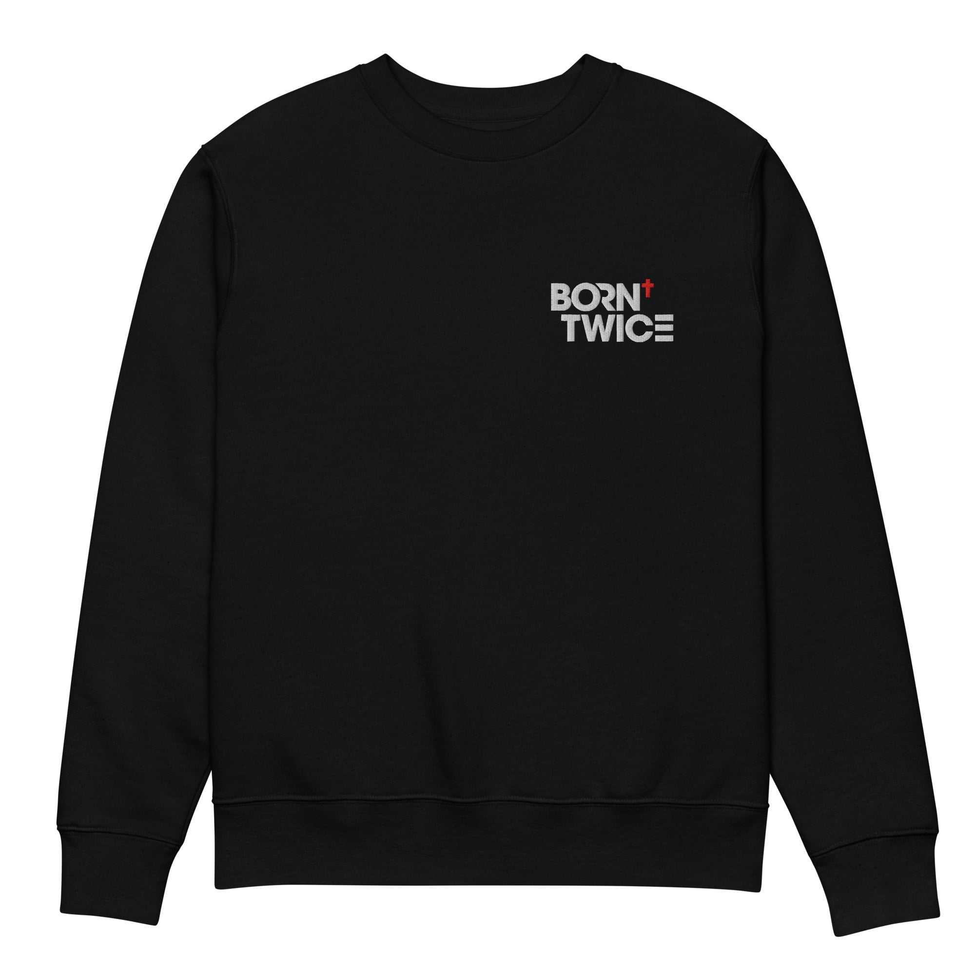 Image of Born Twice scripture sweatshirt black front view — Entrusted to Him