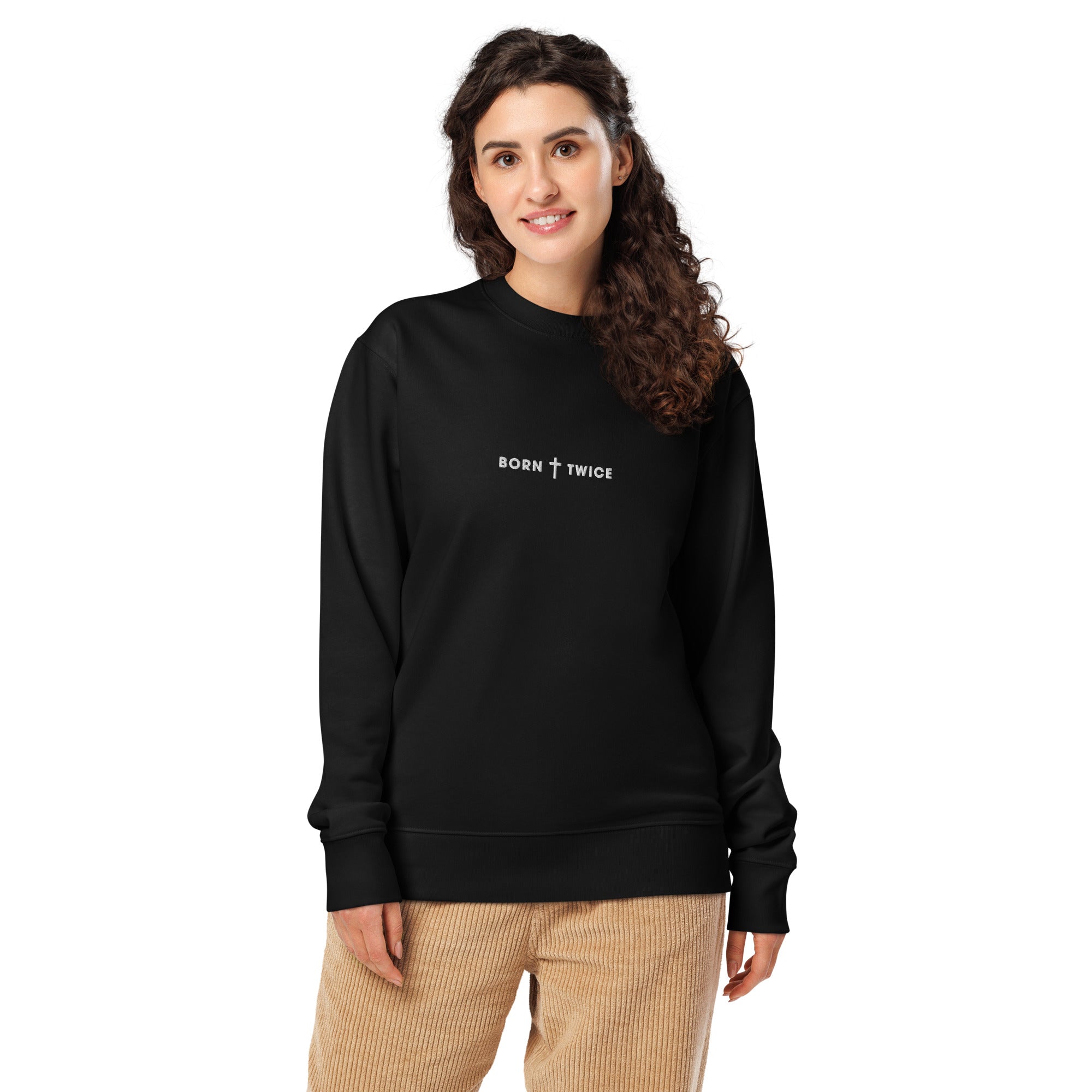 Image of Born Twice John 3:3 scripture sweatshirt black front detail view — Entrusted to Him